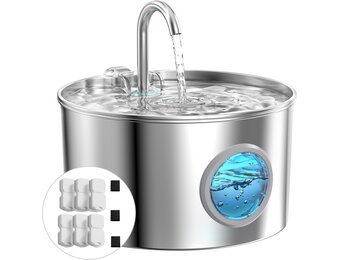 Roestvrijstalen kattenfontein, automatische kattendrinkbak, 2,2 l, waterfontein voor katten, zeer stil, waterdispenser voor katten en honden, met 6 filters + 3 sponzen