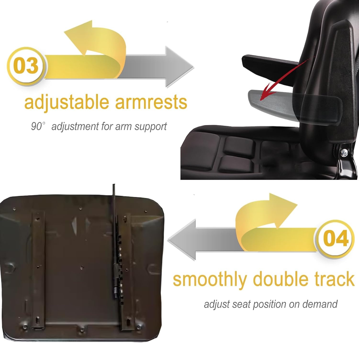 Universele waterdichte tractorstoel, 30-180 graden verstelbare sleepstoel, bestuurdersstoel met armleuning, zwart PU-leer, vorkheftruck voor de meeste mechanische stoelen (armleuningen)