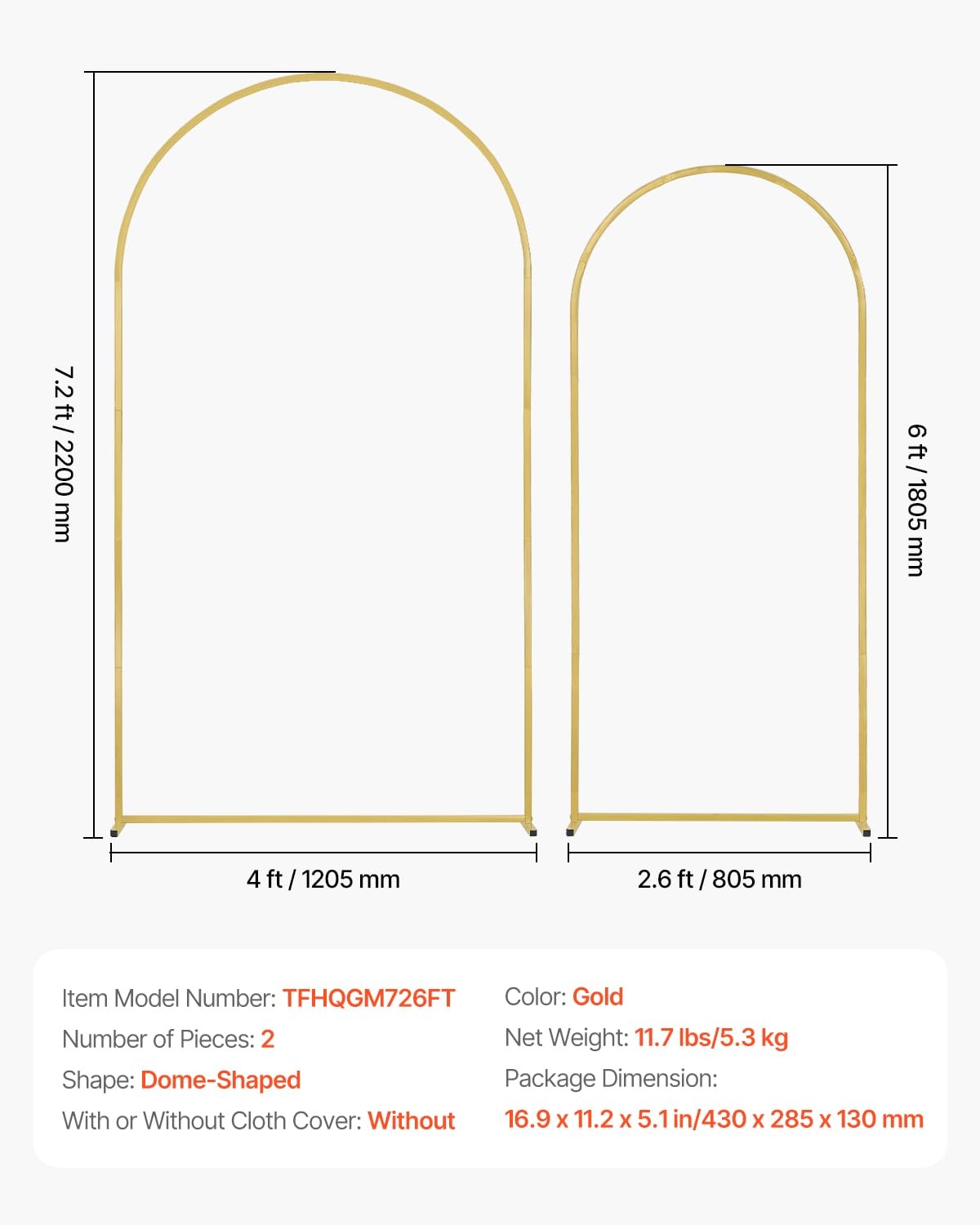 VEVOR Bruiloftsboog Set 2-delig Goud 220 cm en 180 cm - Decoratieve Achtergrond voor Feesten