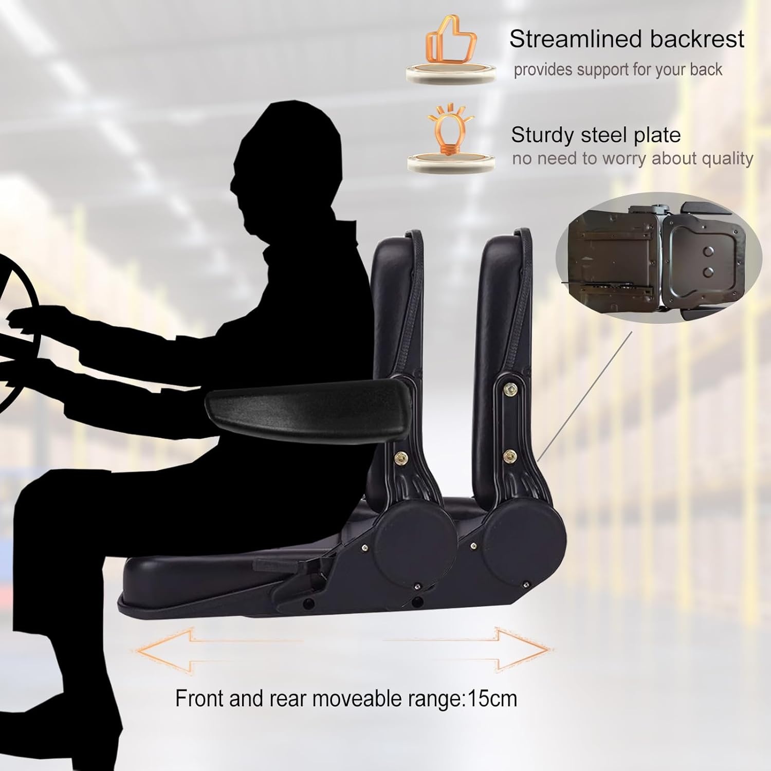 Universele waterdichte tractorstoel, 30-180 graden verstelbare sleepstoel, bestuurdersstoel met armleuning, zwart PU-leer, vorkheftruck voor de meeste mechanische stoelen (armleuningen)