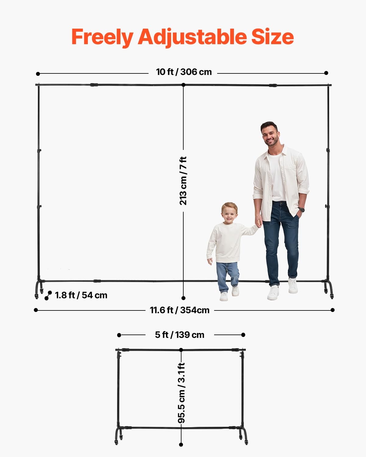 VEVOR Achtergrondstandaard 213 x 300 cm, verstelbare fotoachtergrond, koolstofstaal, draagbaar, mobiel met wieltjes, voor projectiescherm, bruiloft, studio, fotografie, tentoonstelling