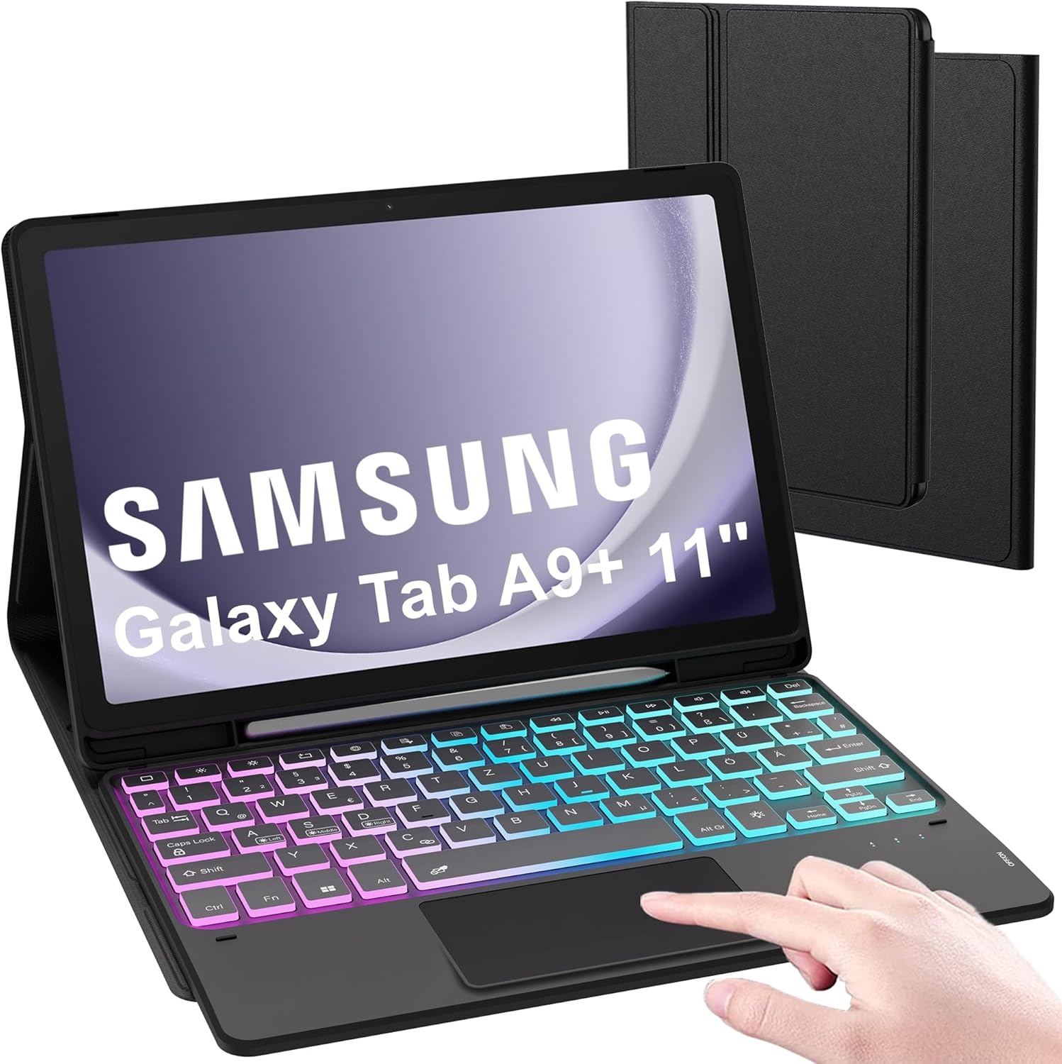 Hoes voor Galaxy Tab A9+, met toetsenbord, doe-het-zelf, 3-zones, 7-kleurige verlichting, afneembaar trackpad, tabletcover, Duits QWERTZ-lay-out, toetsenbord met penhouder voor Samsung Galaxy Tab A9