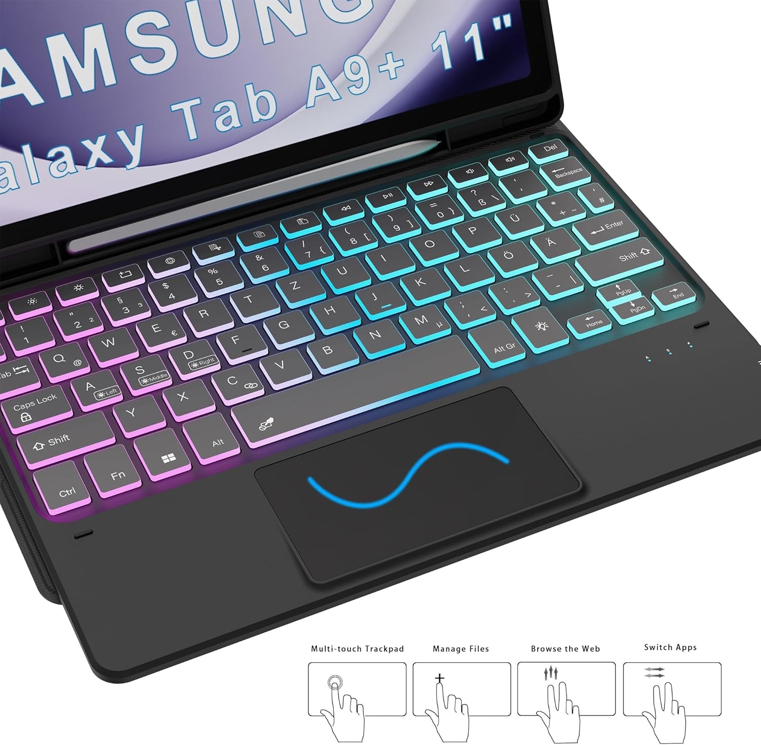 Hoes voor Galaxy Tab A9+, met toetsenbord, doe-het-zelf, 3-zones, 7-kleurige verlichting, afneembaar trackpad, tabletcover, Duits QWERTZ-lay-out, toetsenbord met penhouder voor Samsung Galaxy Tab A9
