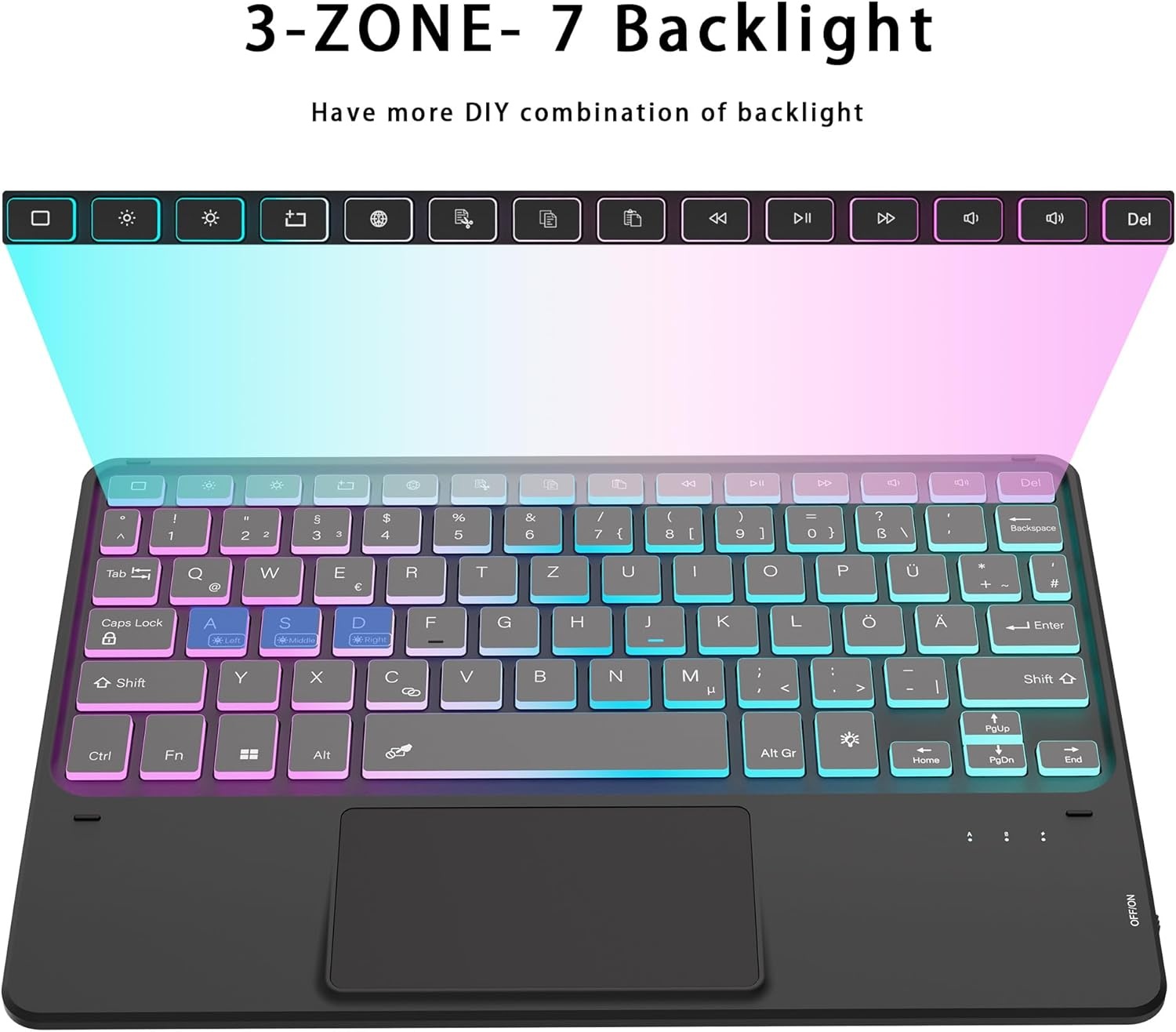 Hoes voor Galaxy Tab A9+, met toetsenbord, doe-het-zelf, 3-zones, 7-kleurige verlichting, afneembaar trackpad, tabletcover, Duits QWERTZ-lay-out, toetsenbord met penhouder voor Samsung Galaxy Tab A9