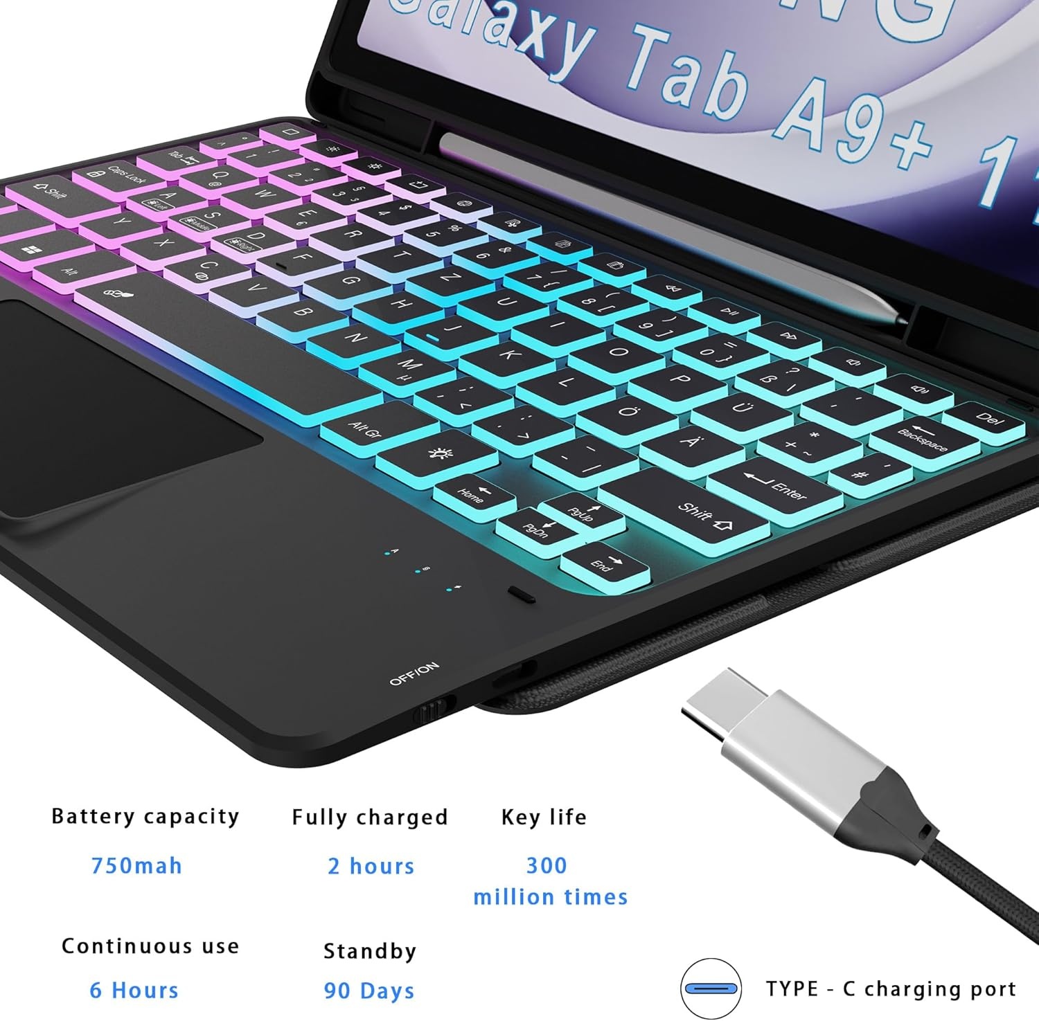 Hoes voor Galaxy Tab A9+, met toetsenbord, doe-het-zelf, 3-zones, 7-kleurige verlichting, afneembaar trackpad, tabletcover, Duits QWERTZ-lay-out, toetsenbord met penhouder voor Samsung Galaxy Tab A9