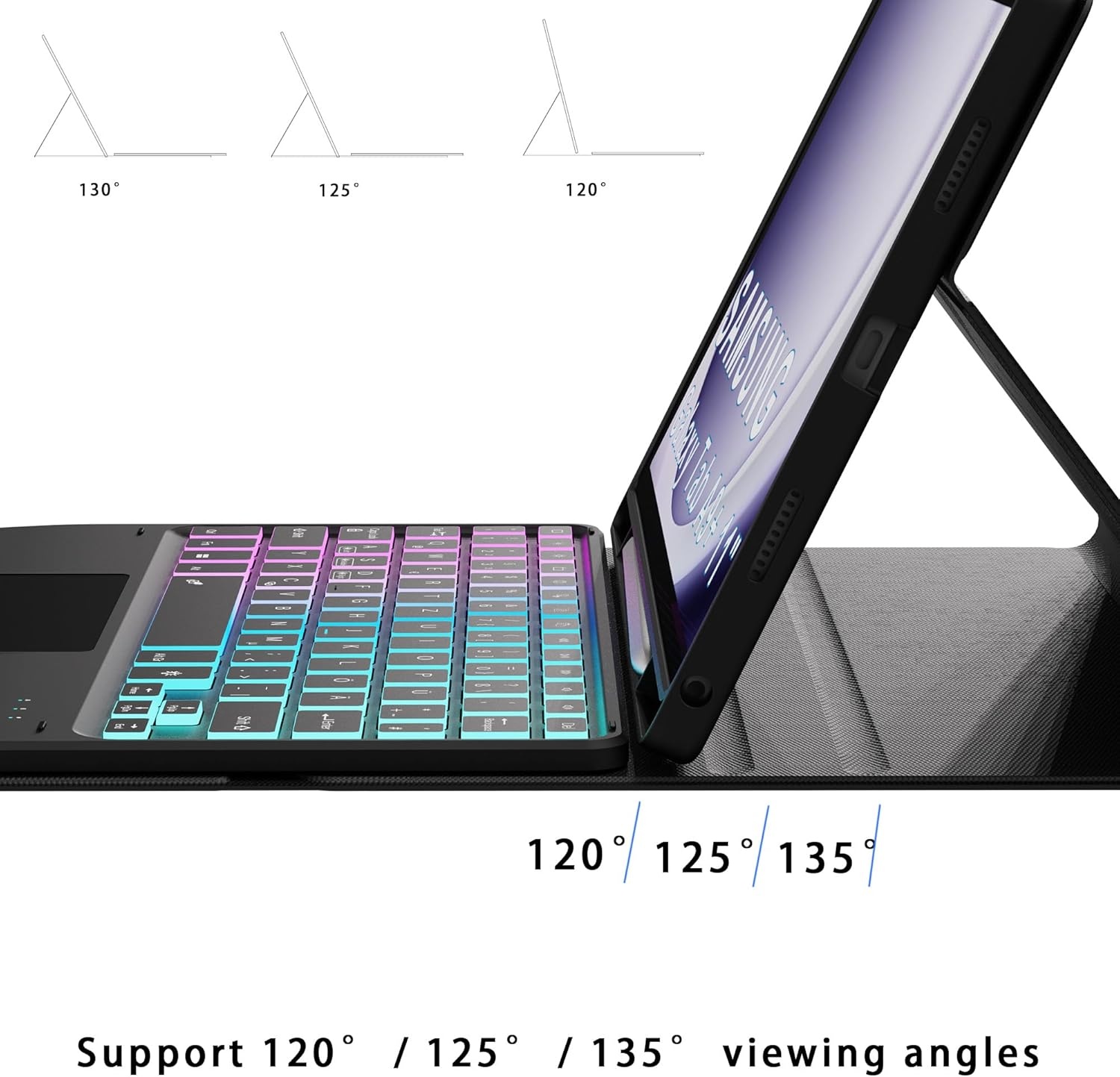 Hoes voor Galaxy Tab A9+, met toetsenbord, doe-het-zelf, 3-zones, 7-kleurige verlichting, afneembaar trackpad, tabletcover, Duits QWERTZ-lay-out, toetsenbord met penhouder voor Samsung Galaxy Tab A9