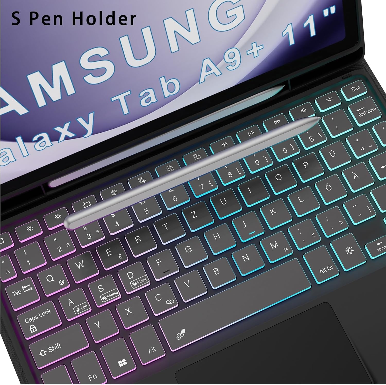 Hoes voor Galaxy Tab A9+, met toetsenbord, doe-het-zelf, 3-zones, 7-kleurige verlichting, afneembaar trackpad, tabletcover, Duits QWERTZ-lay-out, toetsenbord met penhouder voor Samsung Galaxy Tab A9