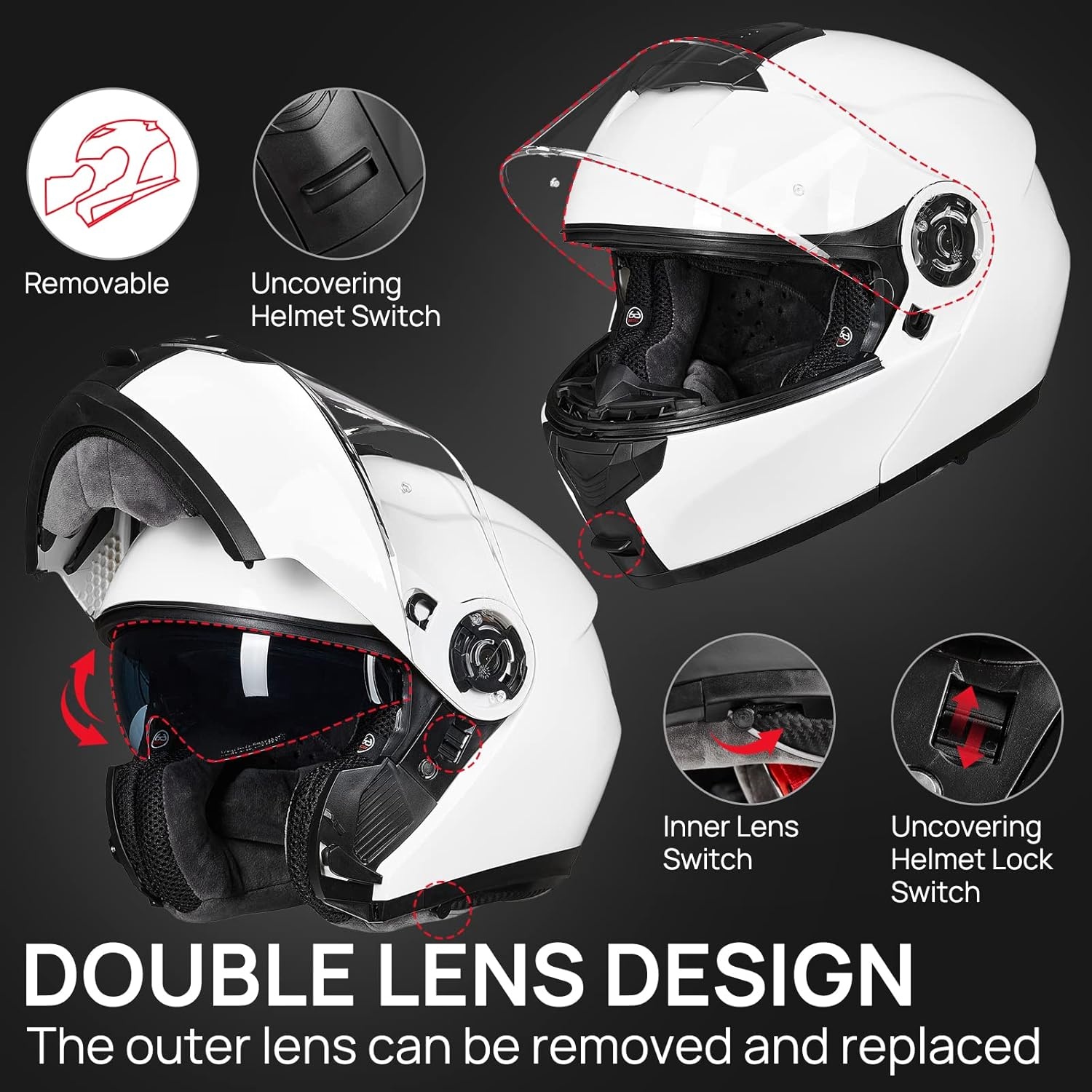 ILM Modulaire Integraalhelm 159 Witt voor Volwassenen, Maat L, met Dubbel Vizier en DOT Keurmerk