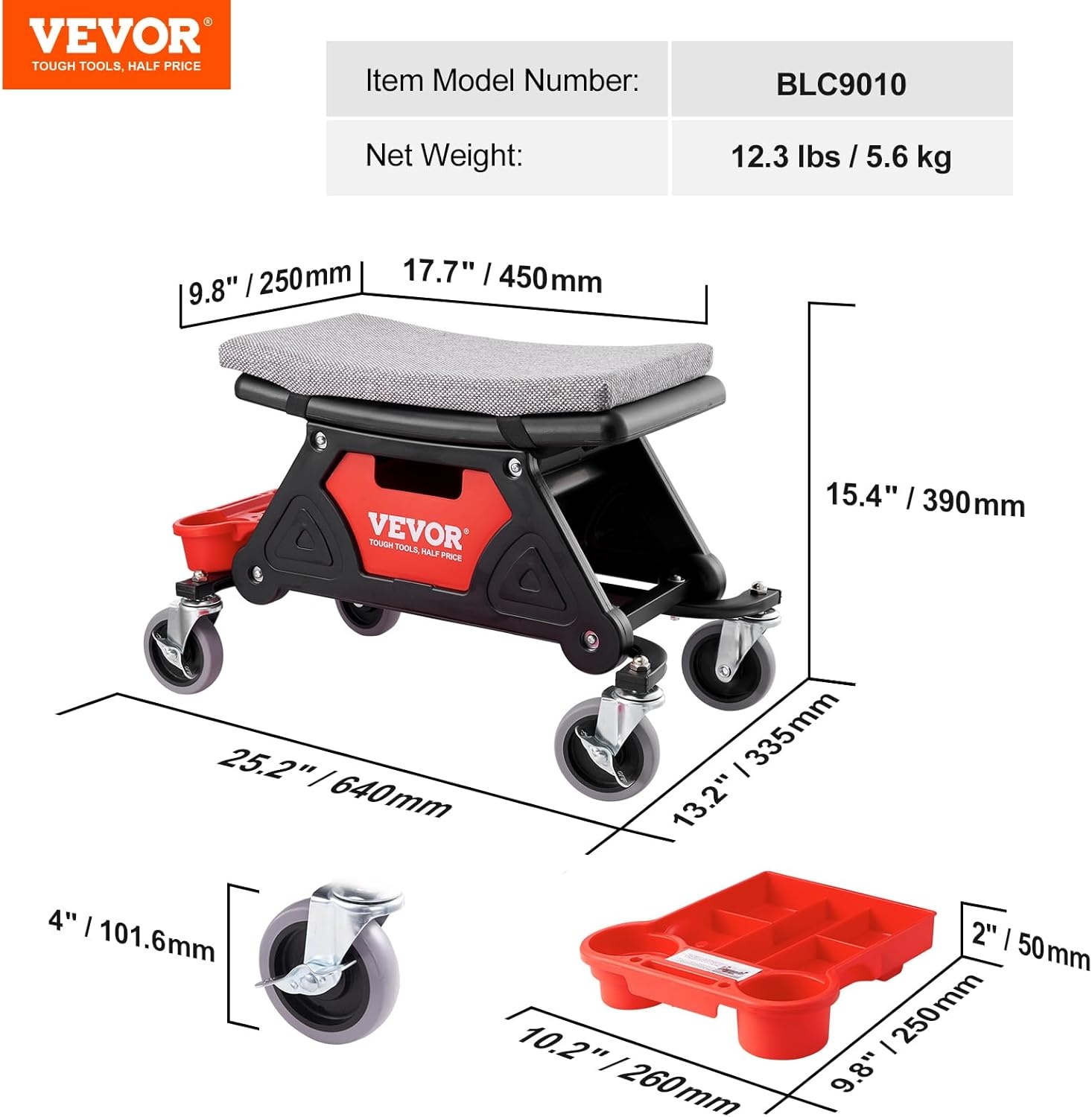 VEVOR Werkplaatskruk, rolkruk, 640 x 335 x 390 mm, 136 kg belastbaar, werkplaats, rolstoel, montagekruk, garagekruk, werkkruk, stoelzitting incl. opbergdoos en pallets, mobiel