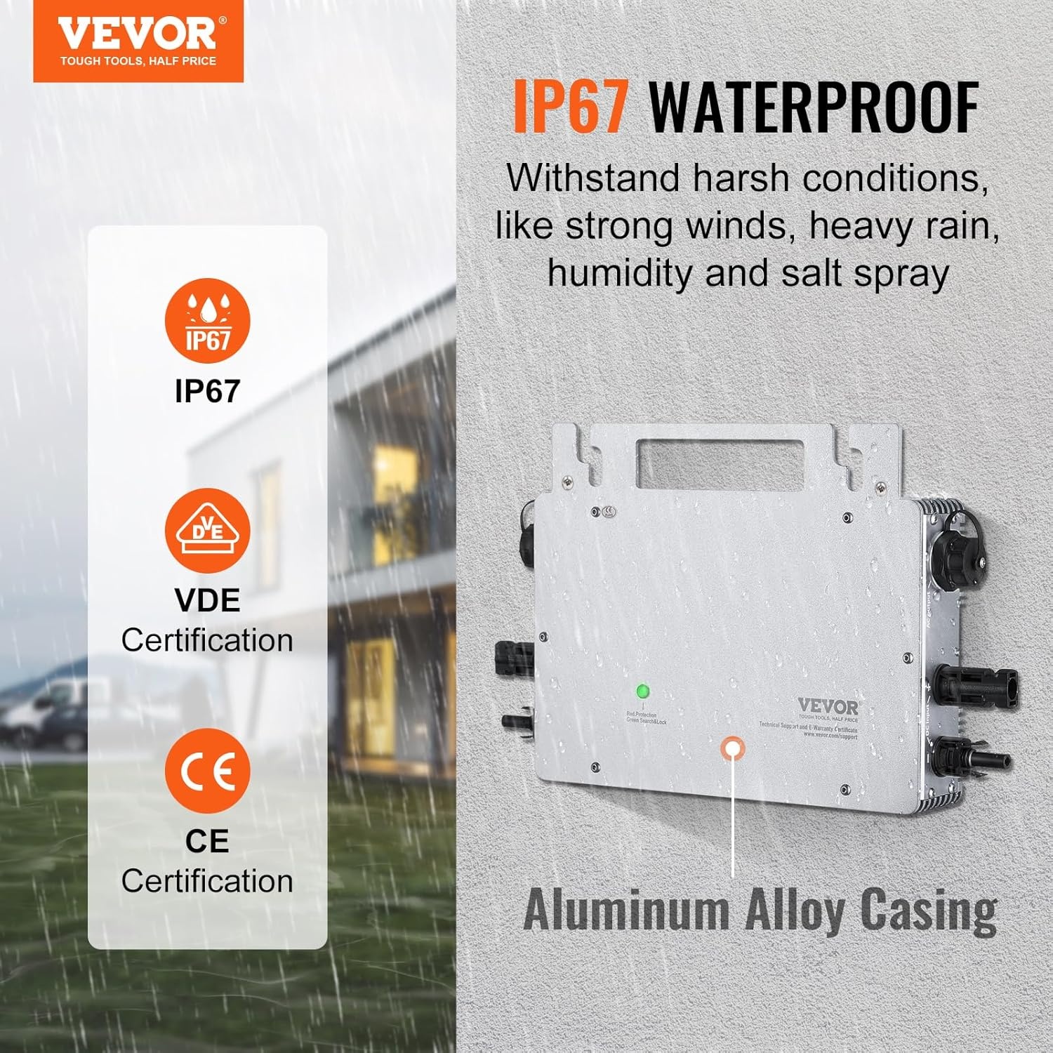 VEVOR Micro Solar netomvormer, 800 W, IP67, aluminiumlegering, DC18-50V, bedrijfsspanning met netsnoer, antenne, wifi-app, voor zonnepaneelsystemen