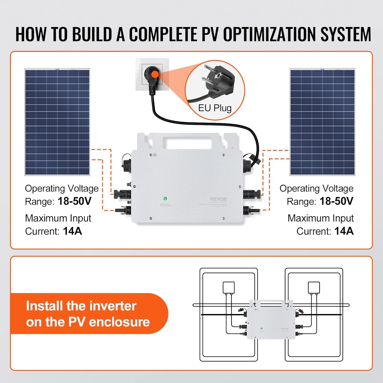VEVOR Micro Solar netomvormer, 800 W, IP67, aluminiumlegering, DC18-50V, bedrijfsspanning met netsnoer, antenne, wifi-app, voor zonnepaneelsystemen