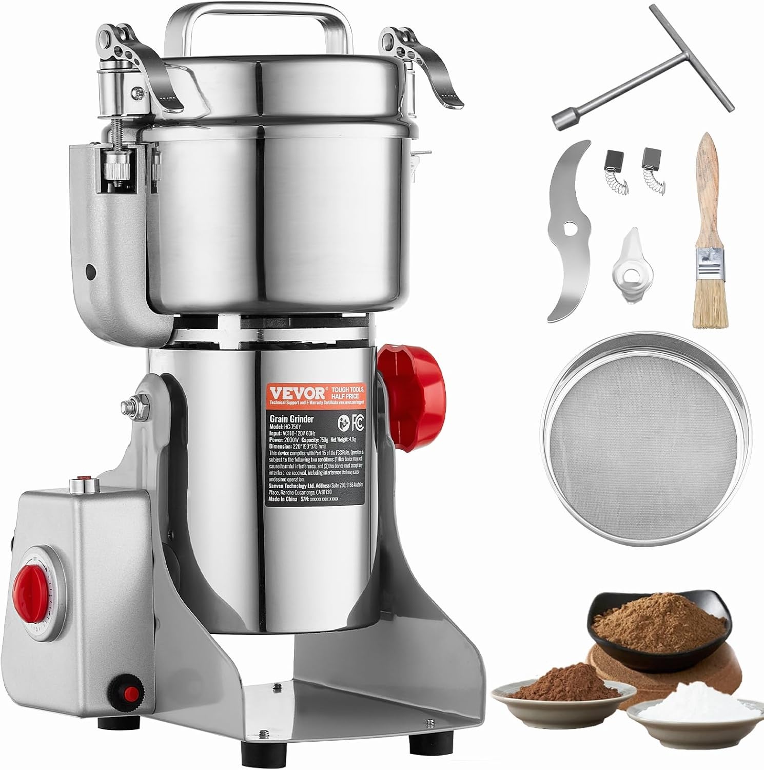 VEVOR Elektrische Graanmolen 750g - 2000W - RVS - Zilver