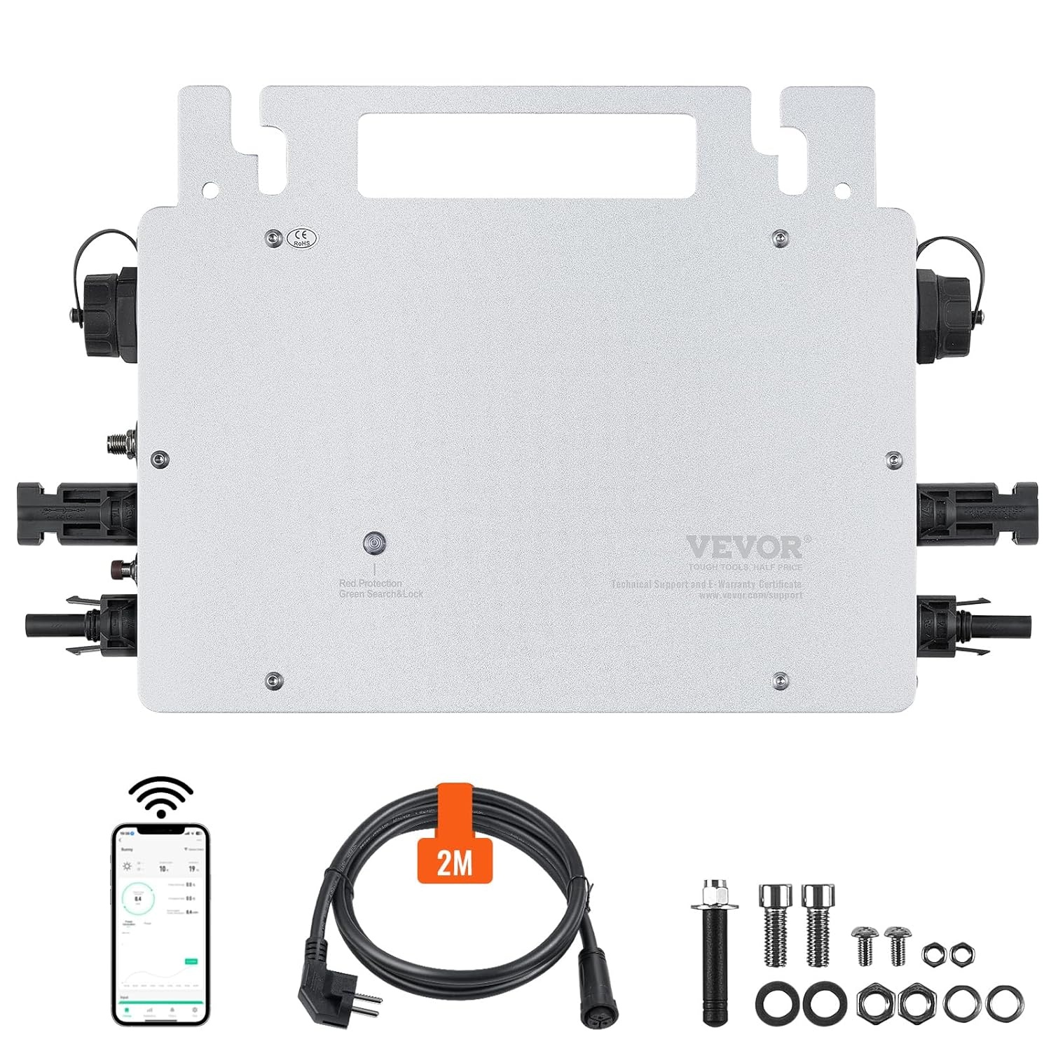 VEVOR Micro Solar netomvormer, 800 W, IP67, aluminiumlegering, DC18-50V, bedrijfsspanning met netsnoer, antenne, wifi-app, voor zonnepaneelsystemen