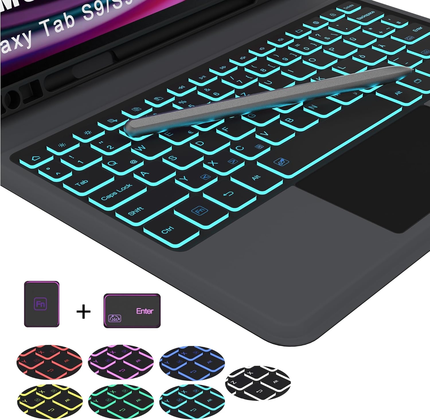 ROOFEI Toetsenbordhoes voor Galaxy Tab S9 FE 10,9 inch/S9 11 inch: 7-kleurige verlichting Duits QWERTZ-lay-out toetsenbord met touchpad | Tab S9 2023 draadloos toetsenbord beschermhoes met S Pen