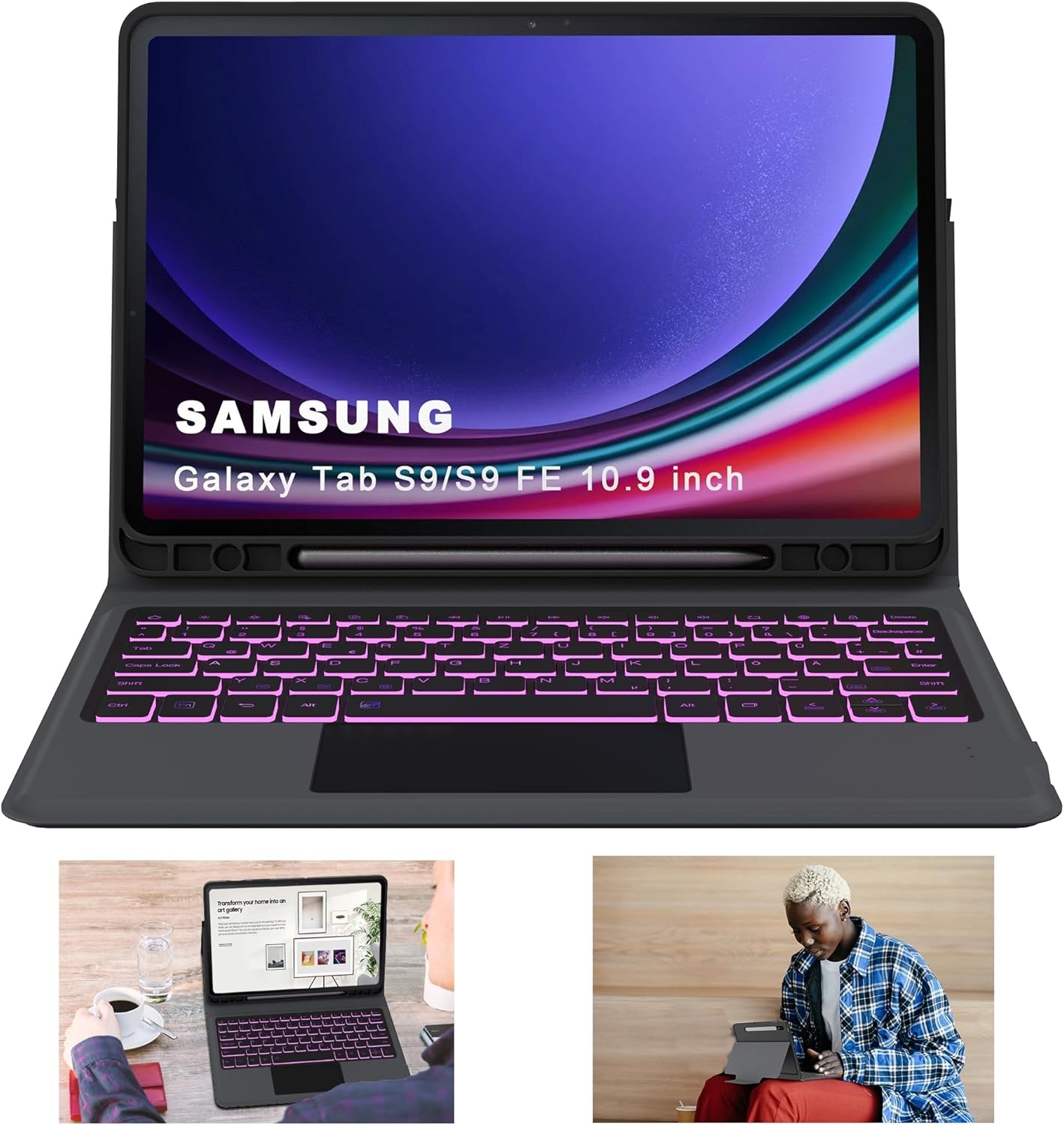 ROOFEI Toetsenbordhoes voor Galaxy Tab S9 FE 10,9 inch/S9 11 inch: 7-kleurige verlichting Duits QWERTZ-lay-out toetsenbord met touchpad | Tab S9 2023 draadloos toetsenbord beschermhoes met S Pen