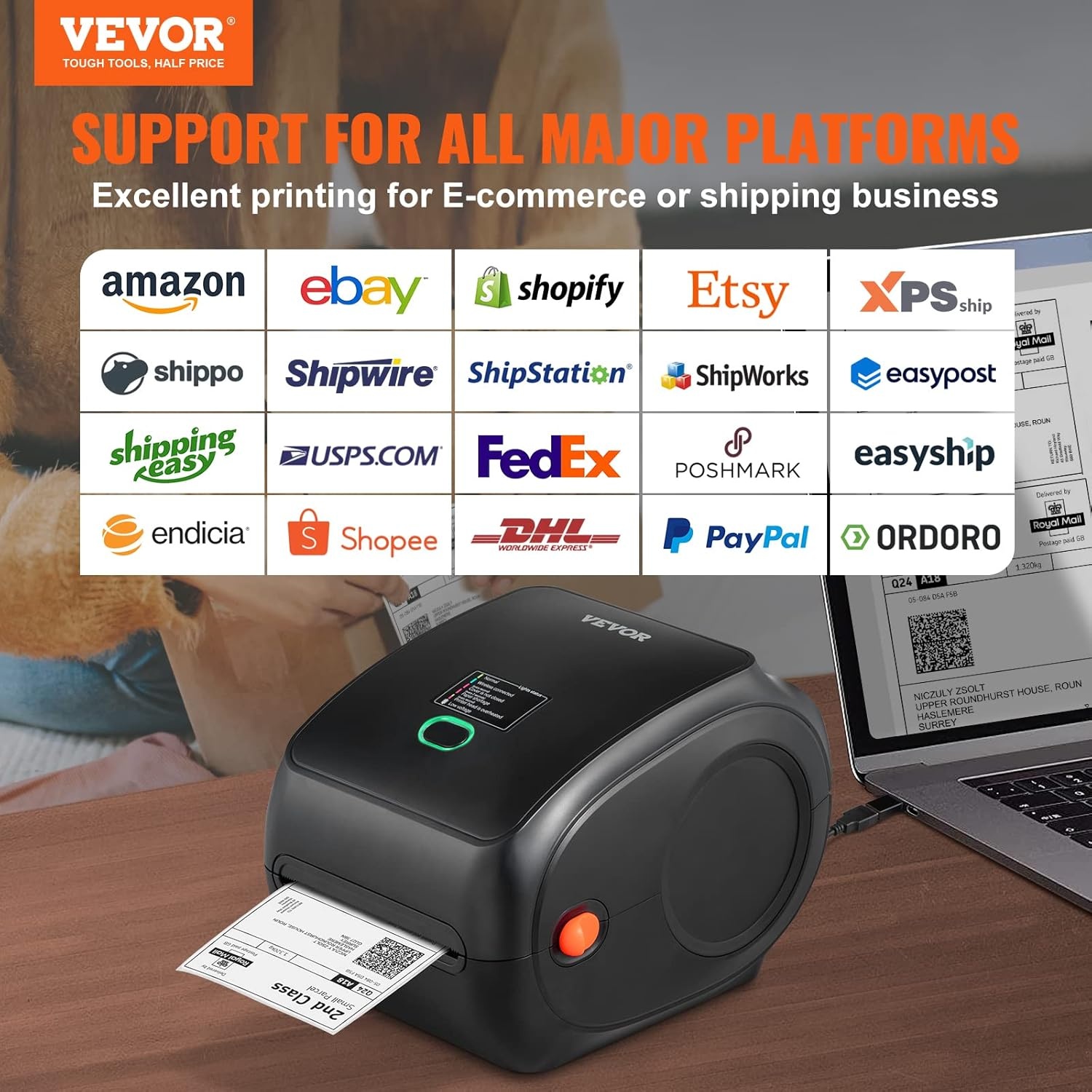 VEVOR Bluetooth label printer, HD (300DPI) DHL label printer, automatic label recognition, supports Windows/MacOS/Linux/Chromebook, suitable for Amazon, Ebay, Etsy, etc
