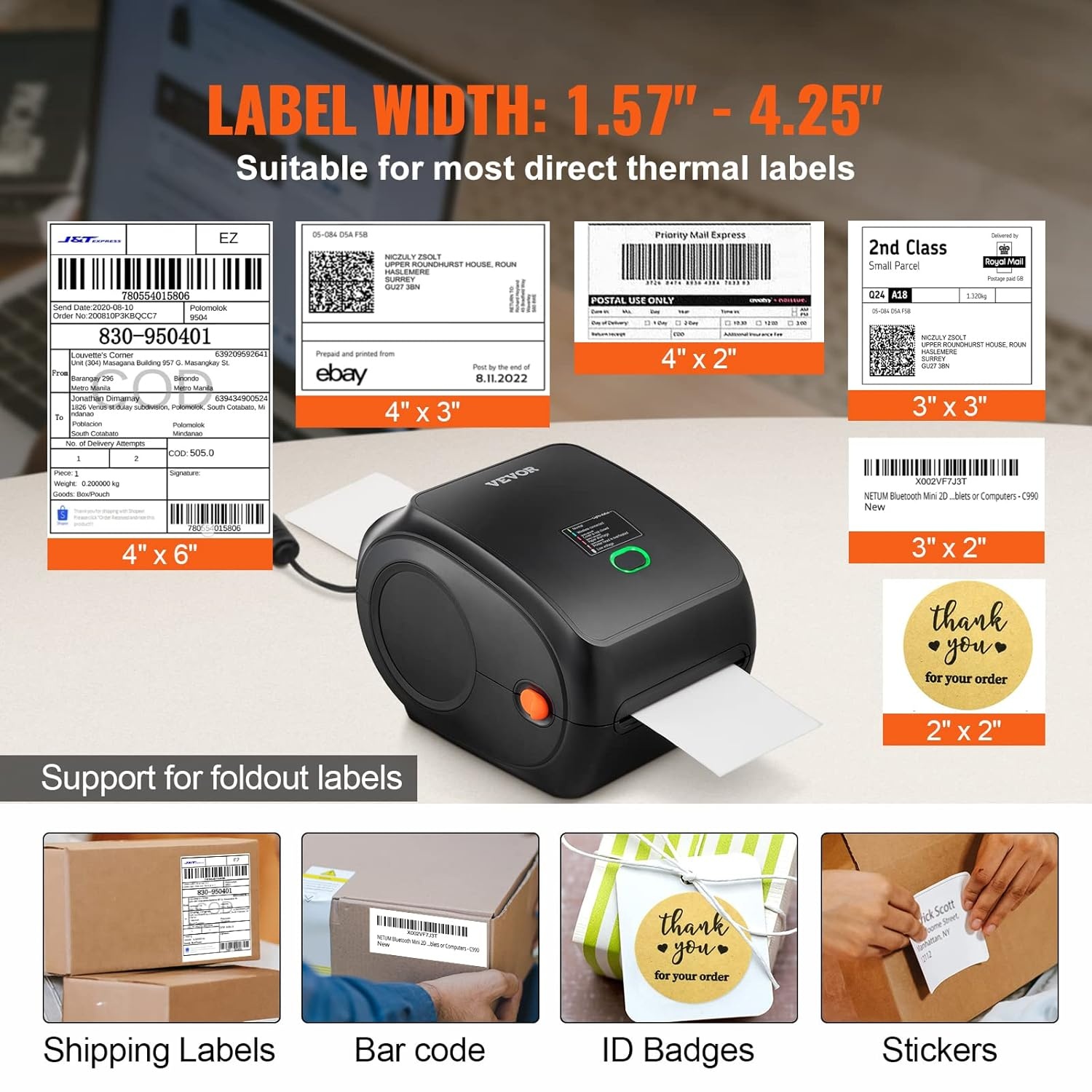 VEVOR Bluetooth label printer, HD (300DPI) DHL label printer, automatic label recognition, supports Windows/MacOS/Linux/Chromebook, suitable for Amazon, Ebay, Etsy, etc