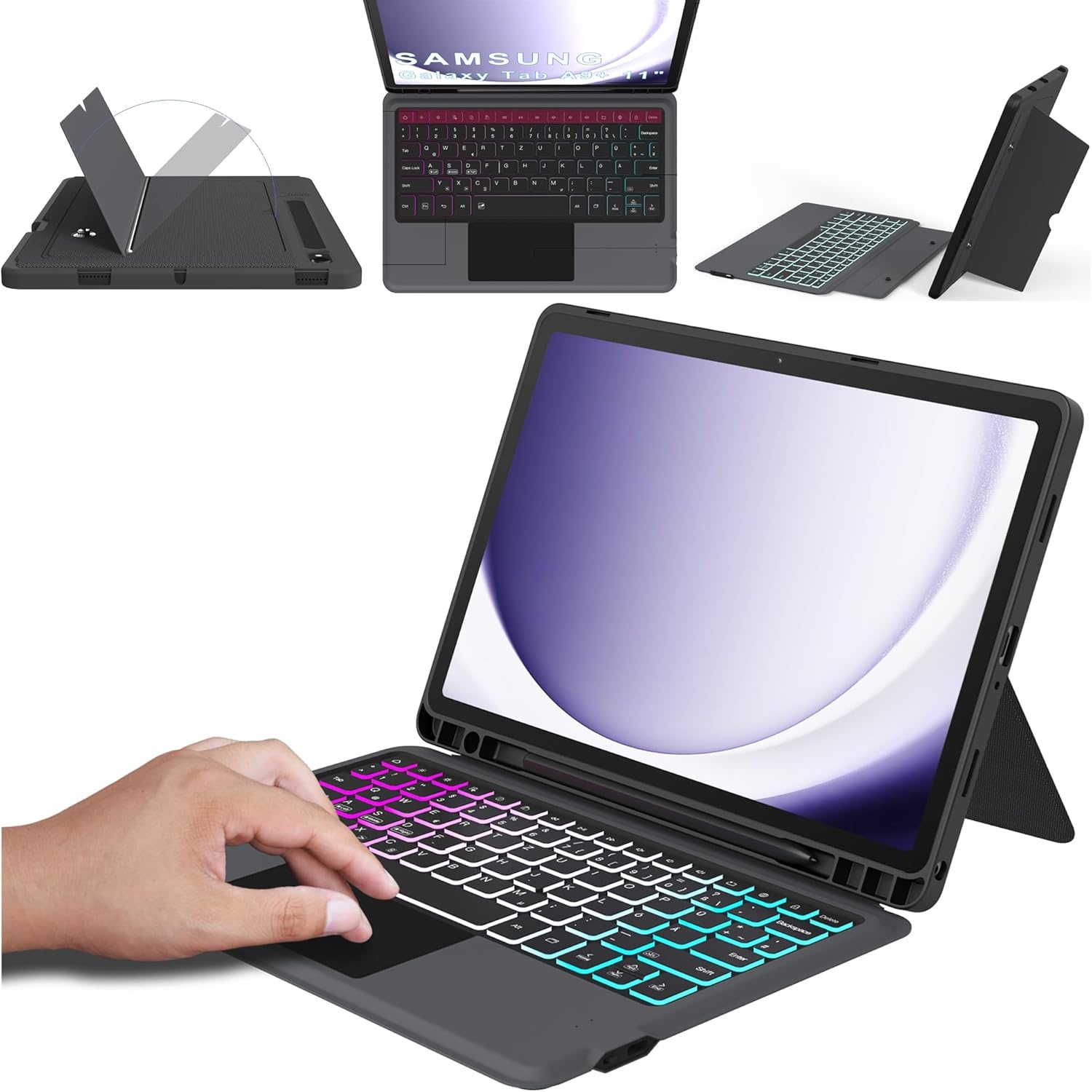 Hoes met QWERTZ Toetsenbord voor Samsung Galaxy Tab A9 Plus 11 Inch met Trackpad en Verstelbare Kickstand - Grijs
