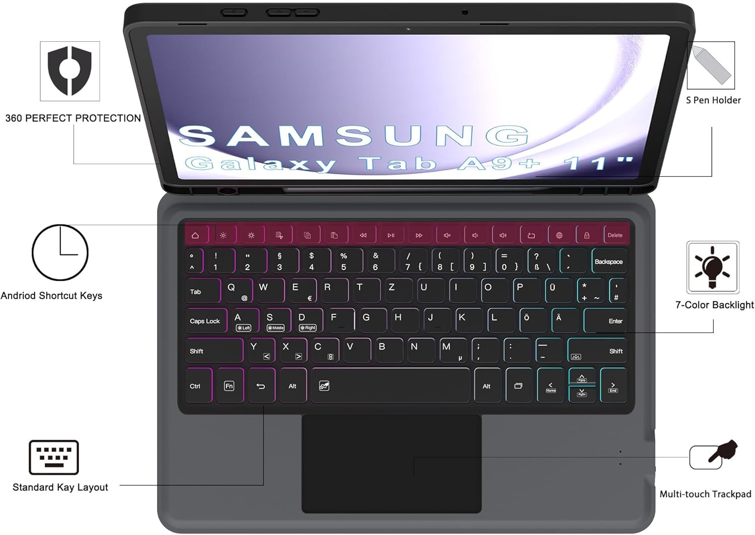 Hoes met QWERTZ Toetsenbord voor Samsung Galaxy Tab A9 Plus 11 Inch met Trackpad en Verstelbare Kickstand - Grijs