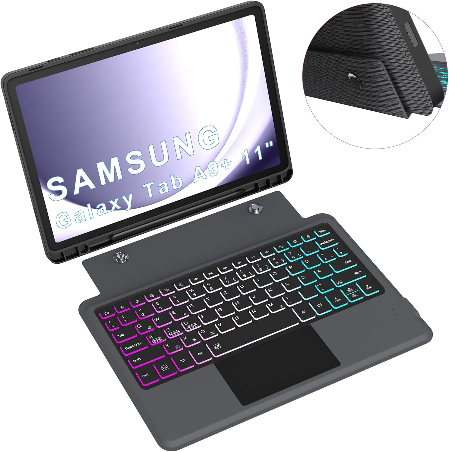 Hoes met QWERTZ Toetsenbord voor Samsung Galaxy Tab A9 Plus 11 Inch met Trackpad en Verstelbare Kickstand - Grijs