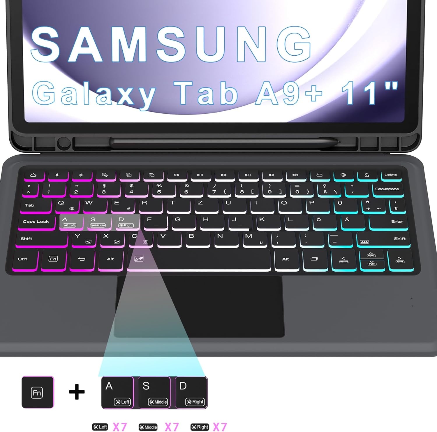 Hoes met QWERTZ Toetsenbord voor Samsung Galaxy Tab A9 Plus 11 Inch met Trackpad en Verstelbare Kickstand - Grijs