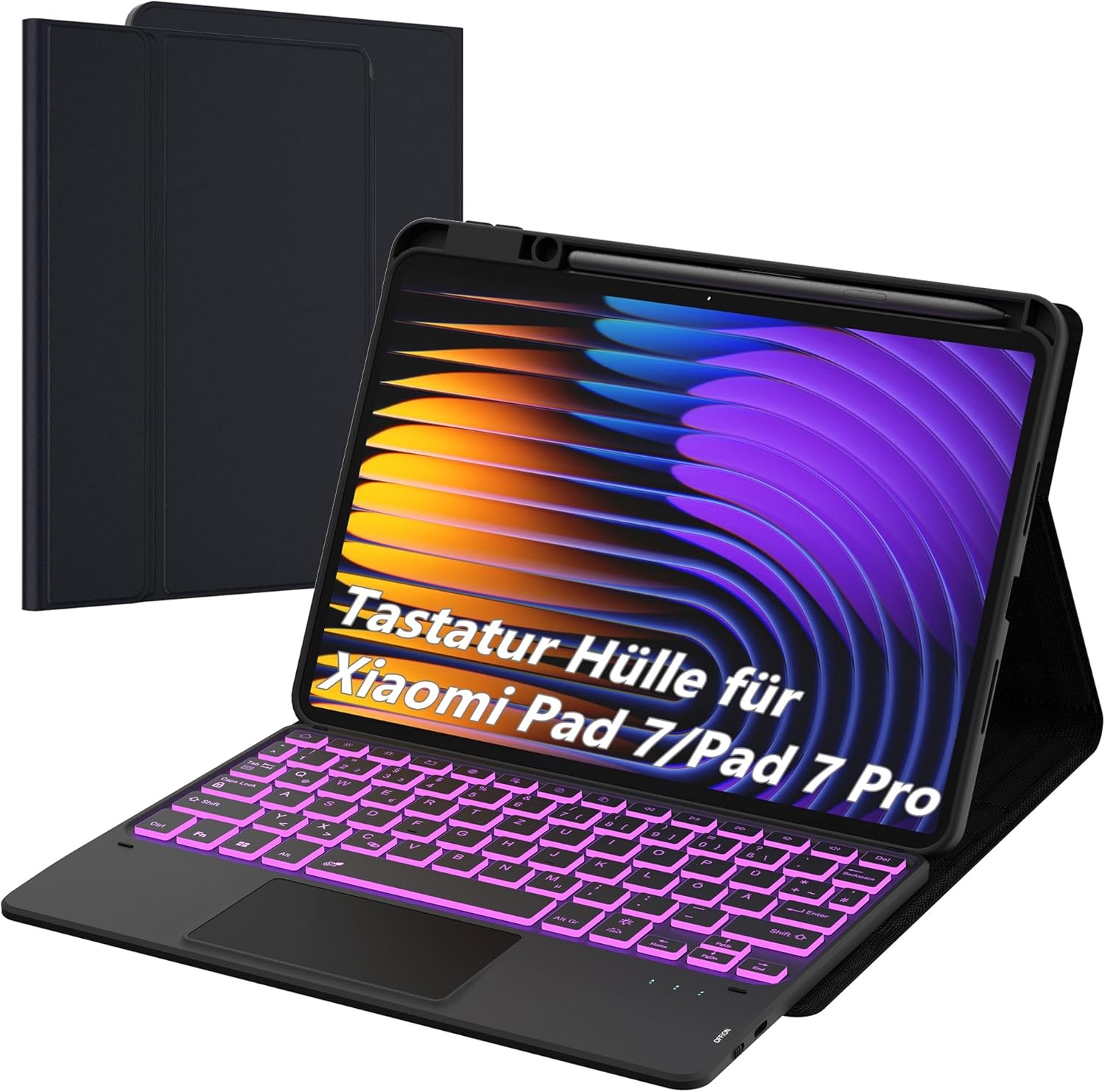 ROOFEI For Xiaomi Pad 7/Pad 7 Pro 11.2 Inch Case with Keyboard: 7-Colour Lighting, Smart Touchpad, Removable QWERTZ Layout Keyboard Case with Pen Holder for Xiaomi Pad 7/Pad 7 Pro 11.2 Inch 2024