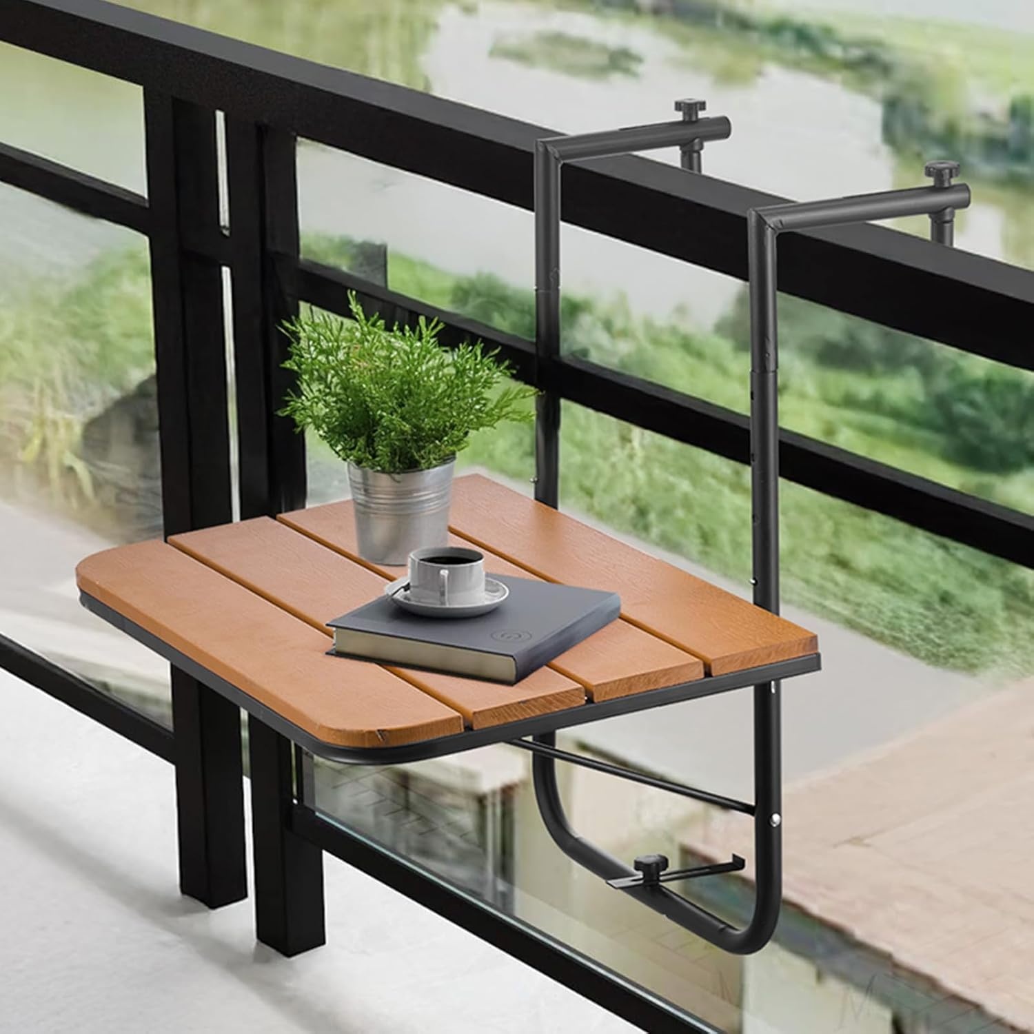 VEVOR Balkonhangtafel, 63,5 x 61 cm opvouwbare balkonrelingtafel, outdoor serveerbar, ruimtebesparend bureau, 4 niveaus verstelbaar, geschikt voor reling van 2,5 cm tot 21 cm, voor tuin, terras - Maat 595 x 620 x 800 mm