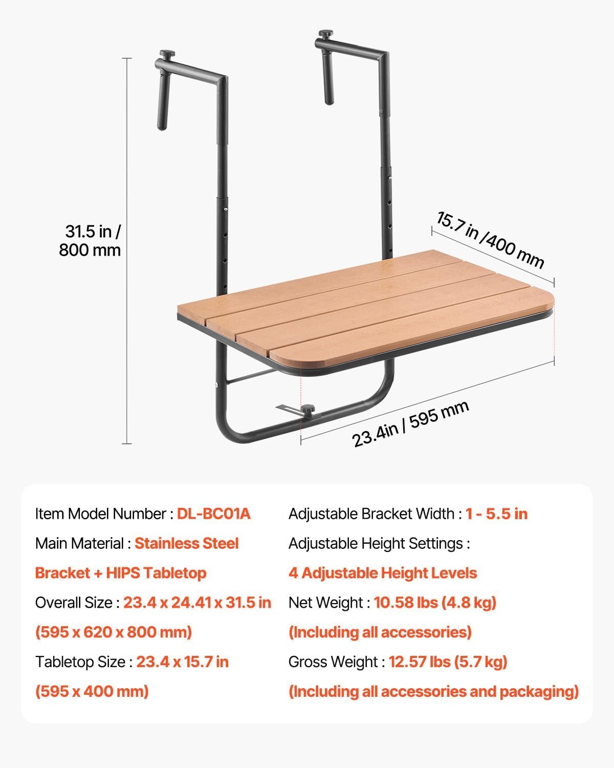 VEVOR Balkonhangtafel, 63,5 x 61 cm opvouwbare balkonrelingtafel, outdoor serveerbar, ruimtebesparend bureau, 4 niveaus verstelbaar, geschikt voor reling van 2,5 cm tot 21 cm, voor tuin, terras - Maat 595 x 620 x 800 mm