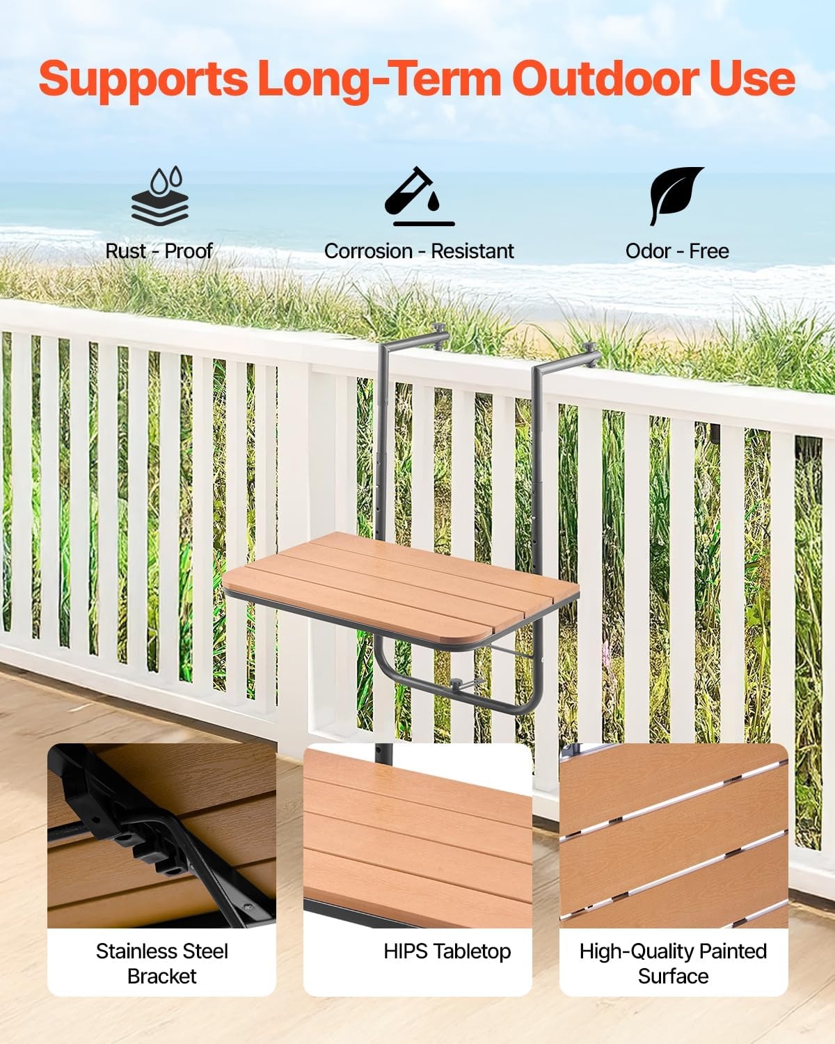 VEVOR Balkonhangtafel, 63,5 x 61 cm opvouwbare balkonrelingtafel, outdoor serveerbar, ruimtebesparend bureau, 4 niveaus verstelbaar, geschikt voor reling van 2,5 cm tot 21 cm, voor tuin, terras - Maat 595 x 620 x 800 mm