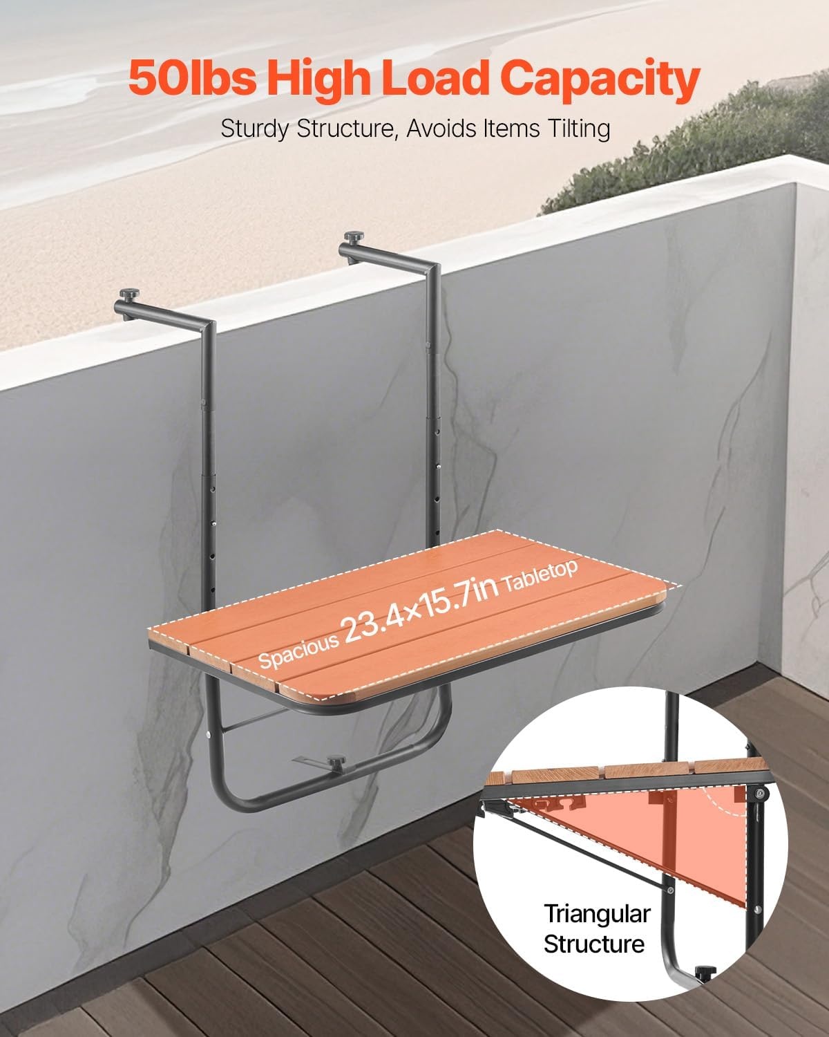 VEVOR Balkonhangtafel, 63,5 x 61 cm opvouwbare balkonrelingtafel, outdoor serveerbar, ruimtebesparend bureau, 4 niveaus verstelbaar, geschikt voor reling van 2,5 cm tot 21 cm, voor tuin, terras - Maat 595 x 620 x 800 mm