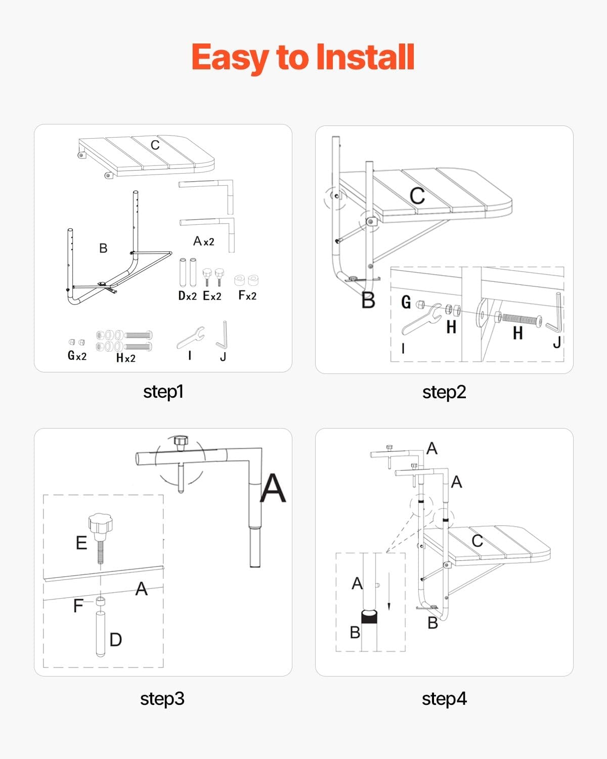 VEVOR Balkonhangtafel, 63,5 x 61 cm opvouwbare balkonrelingtafel, outdoor serveerbar, ruimtebesparend bureau, 4 niveaus verstelbaar, geschikt voor reling van 2,5 cm tot 21 cm, voor tuin, terras - Maat 595 x 620 x 800 mm