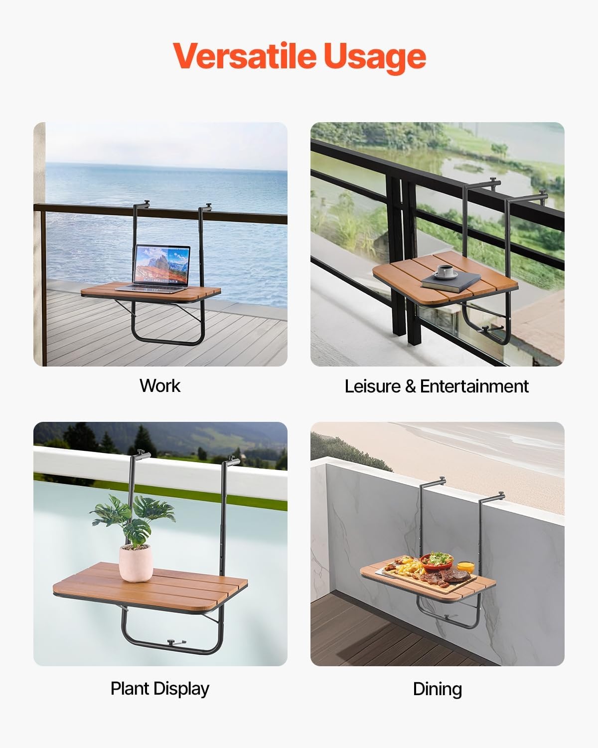 VEVOR Balkonhangtafel, 63,5 x 61 cm opvouwbare balkonrelingtafel, outdoor serveerbar, ruimtebesparend bureau, 4 niveaus verstelbaar, geschikt voor reling van 2,5 cm tot 21 cm, voor tuin, terras - Maat 595 x 620 x 800 mm
