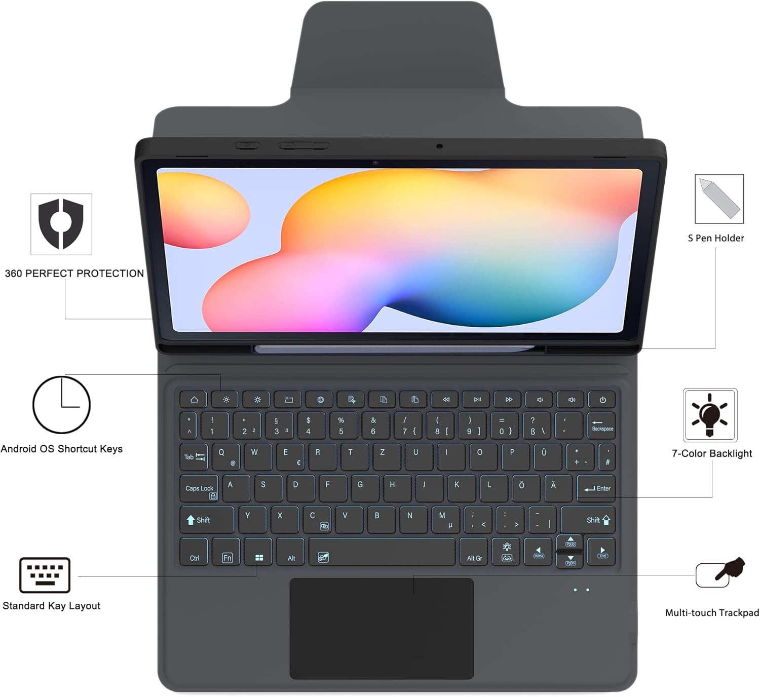 ROOFEI Toetsenbordhoes met toetsenbord en touchpad voor Samsung Galaxy Tab S6 Lite 10.4 inch (2020/2022) - QWERTZ Duits