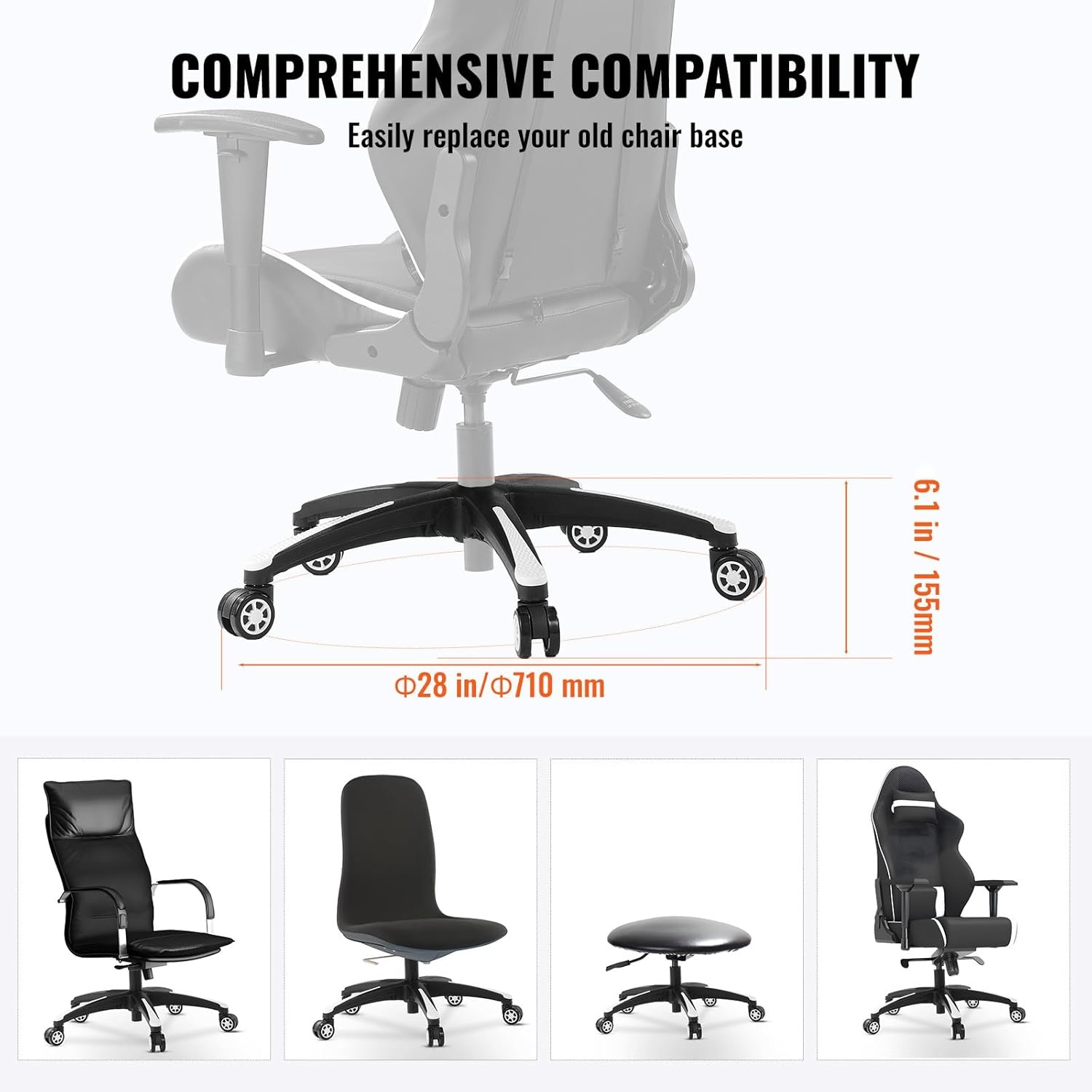 VEVOR Bureaustoel Onderstel 71 cm - Heavy Duty Stoelvoet met 5 Wielen - Zwart en Wit