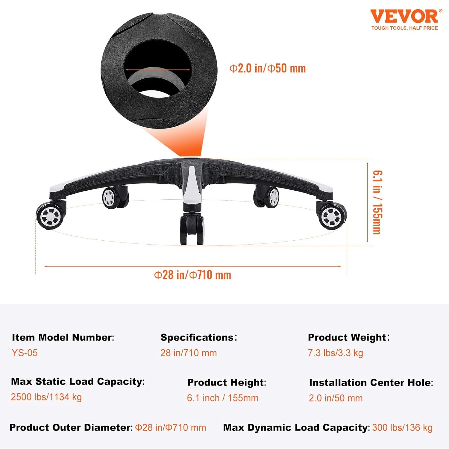 VEVOR Bureaustoel Onderstel 71 cm - Heavy Duty Stoelvoet met 5 Wielen - Zwart en Wit