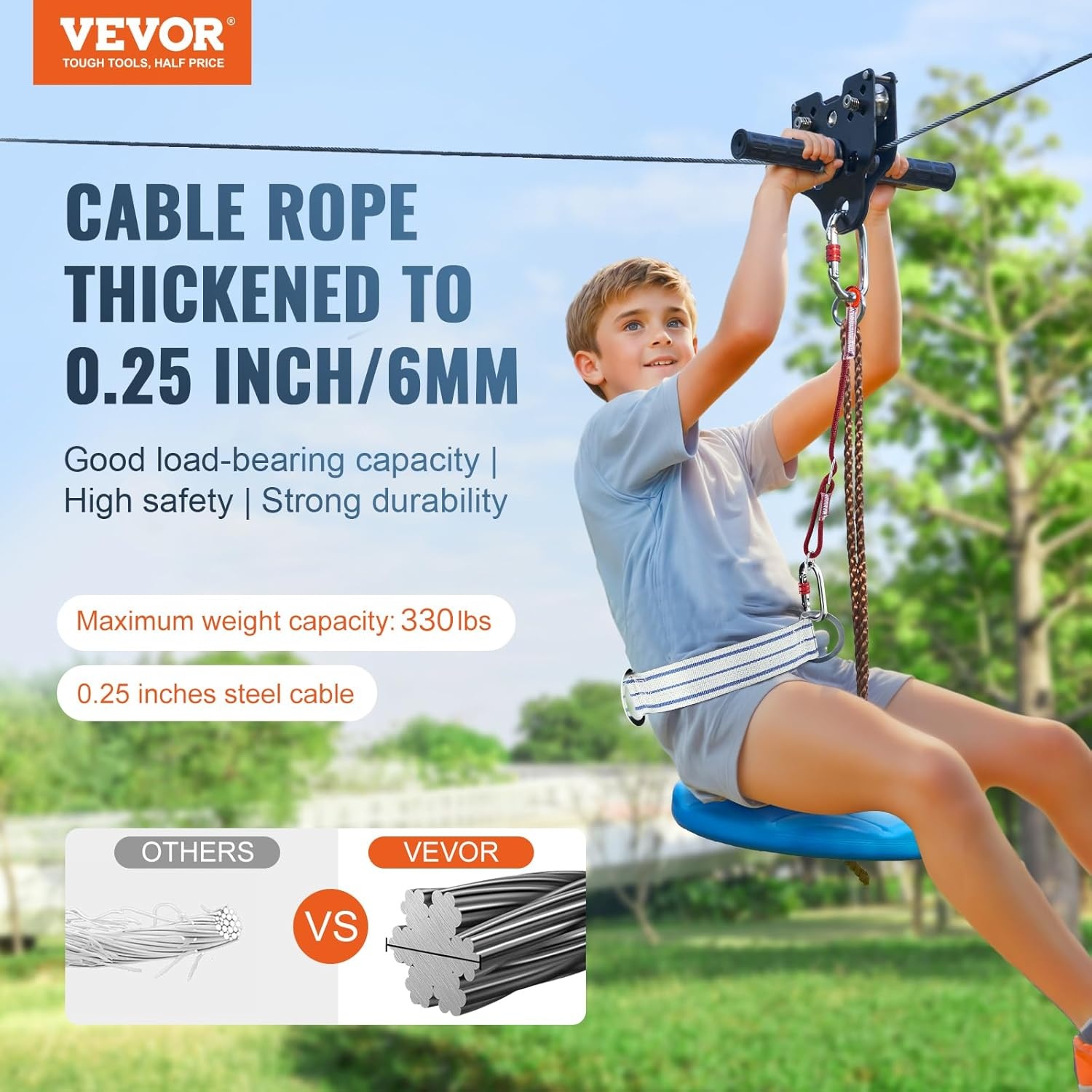 VEVOR Zipline Kit for Kids and Adults, 60 ft Zipline Kits Up to 500 Pounds, Backyard Outdoor Quick Installation Zipline, Playground Entertainment with Stainless Steel Zipline Line, Spring Brake,