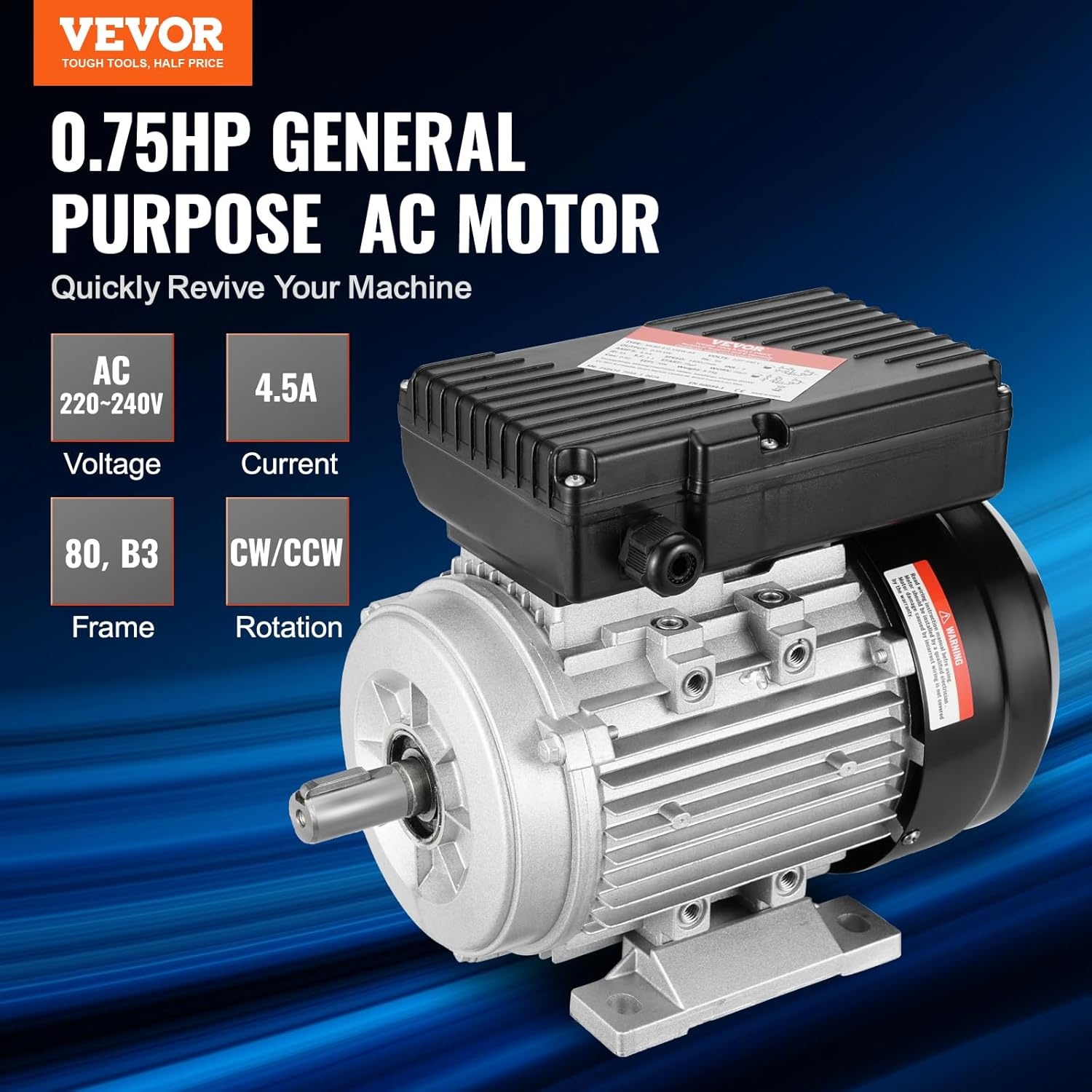 VEVOR Elektromotor 0,55 kW eenfasige luchtcompressormotor, 1400 tpm, AC 220-240 V, 4,5 A, frame 80, B3, 19 mm clavesas, CW/CCW-rotatie voor landbouwmachines en uitrusting