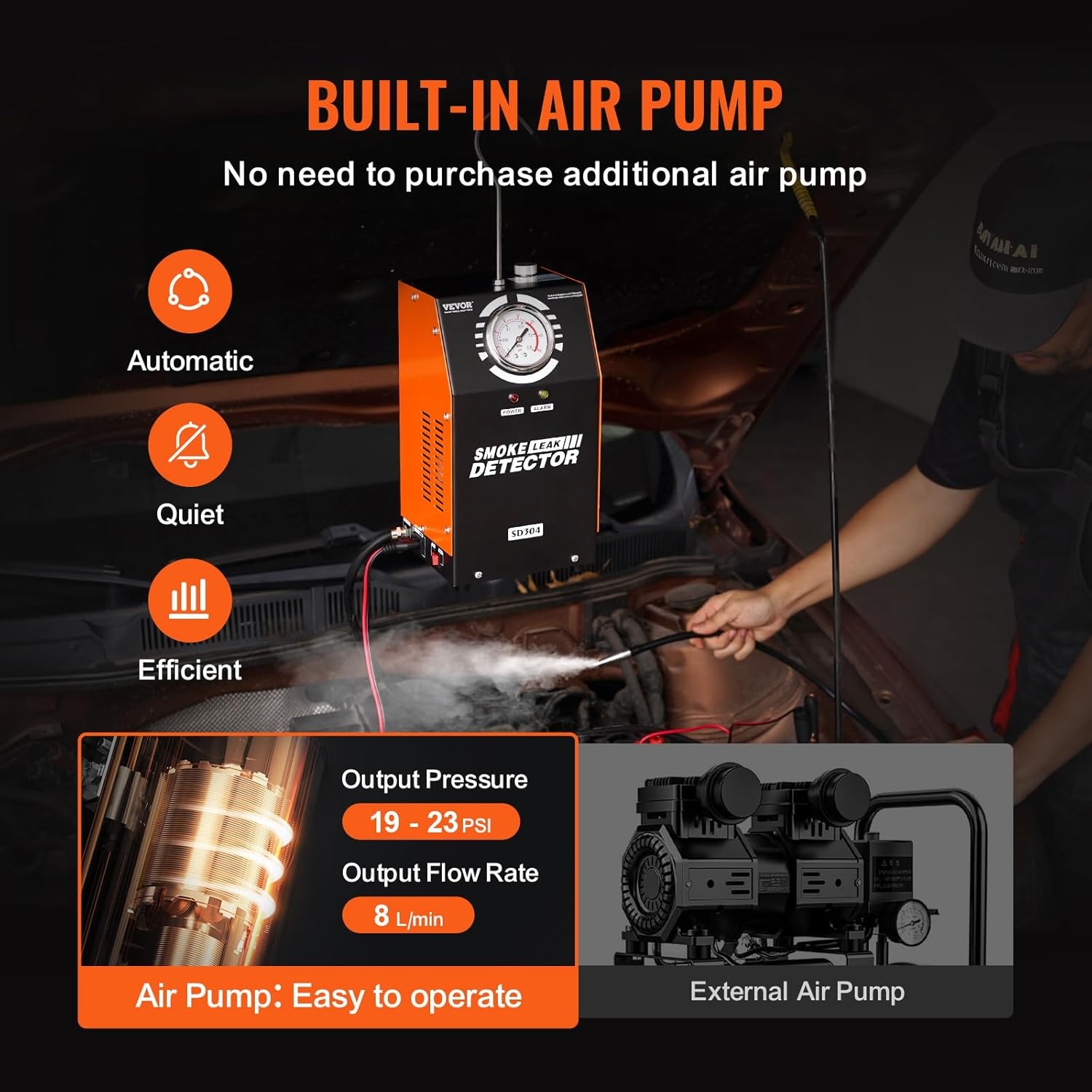 VEVOR Rookmelder voor auto, 8 l/min, rookmodus in luchtmodus, lekmelder, diagnoseapparaat voor lekken -20 °C tot 75 °C, 154 x 173 x 290 mm, 19-23 psi
