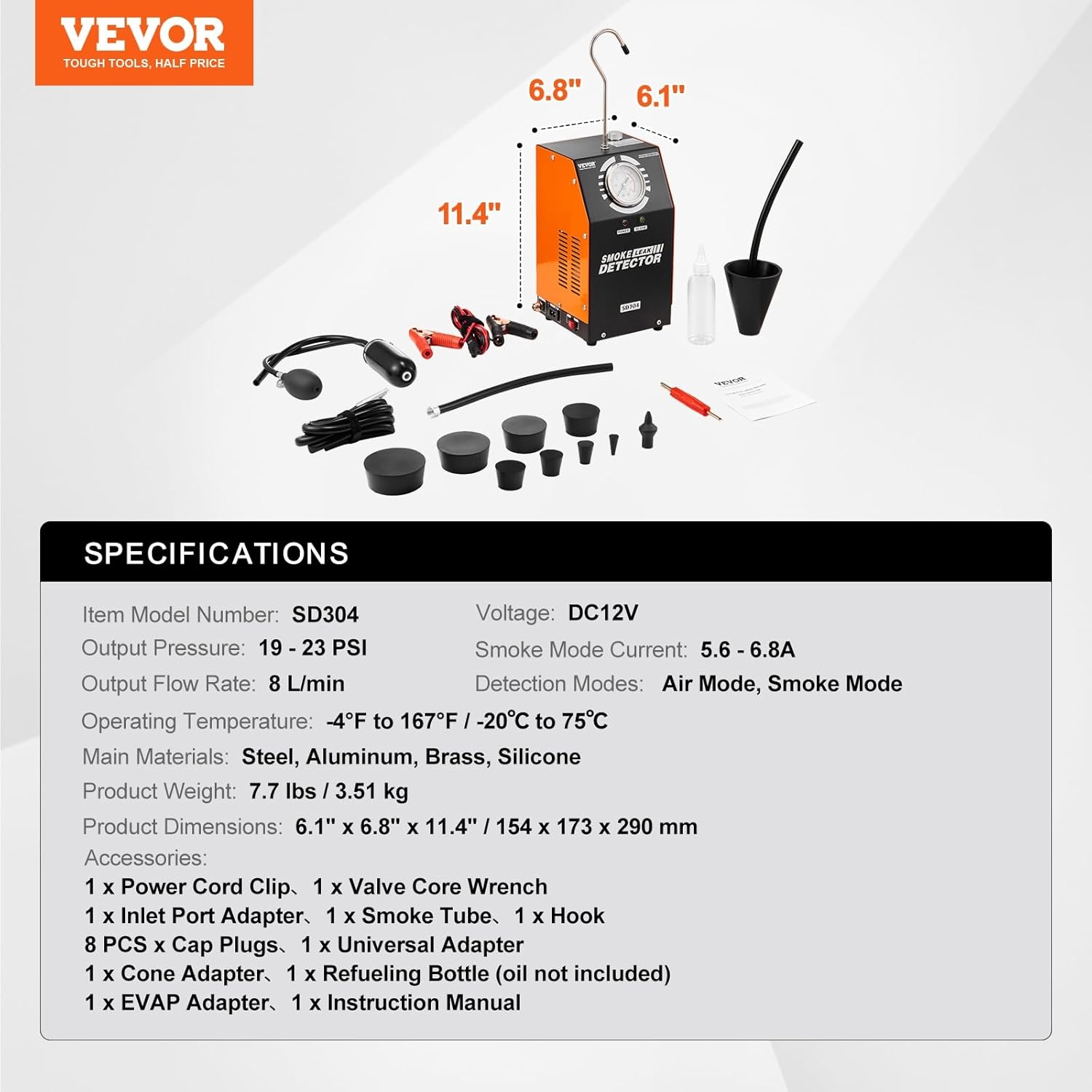VEVOR Rookmelder voor auto, 8 l/min, rookmodus in luchtmodus, lekmelder, diagnoseapparaat voor lekken -20 °C tot 75 °C, 154 x 173 x 290 mm, 19-23 psi