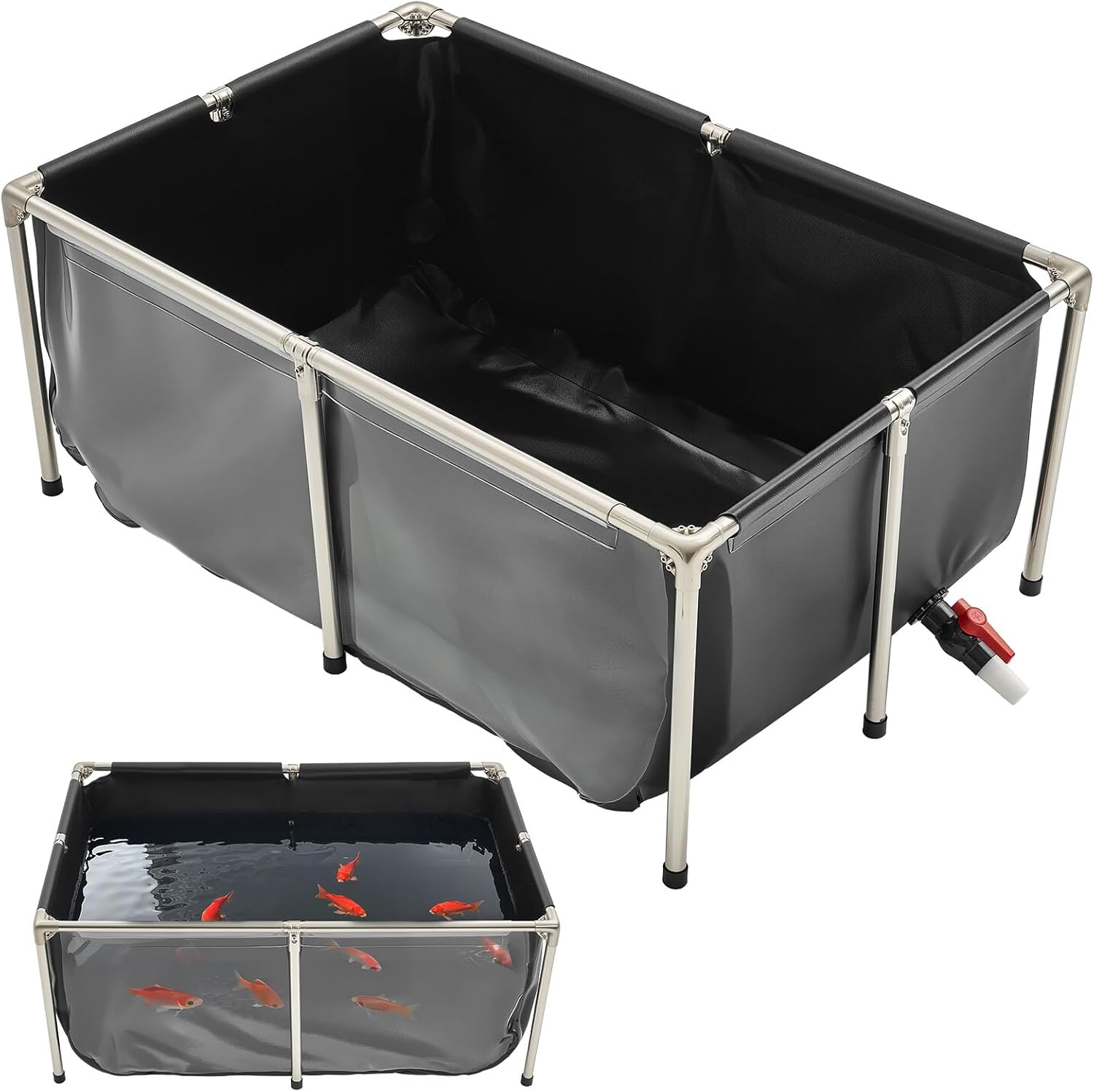 VEVOR Visvijver van zeildoek, 480 l vistank, pvc-koitank met transparant kijkvenster, goudvistank met roestvrijstalen frame en afvoerventiel, voor kweek van koi, goudvis (zwart)