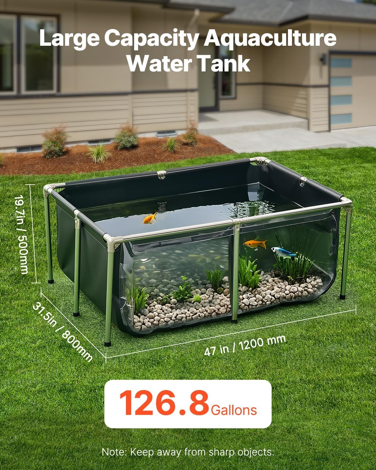 VEVOR Visvijver van zeildoek, 480 l vistank, pvc-koitank met transparant kijkvenster, goudvistank met roestvrijstalen frame en afvoerventiel, voor kweek van koi, goudvis (zwart)