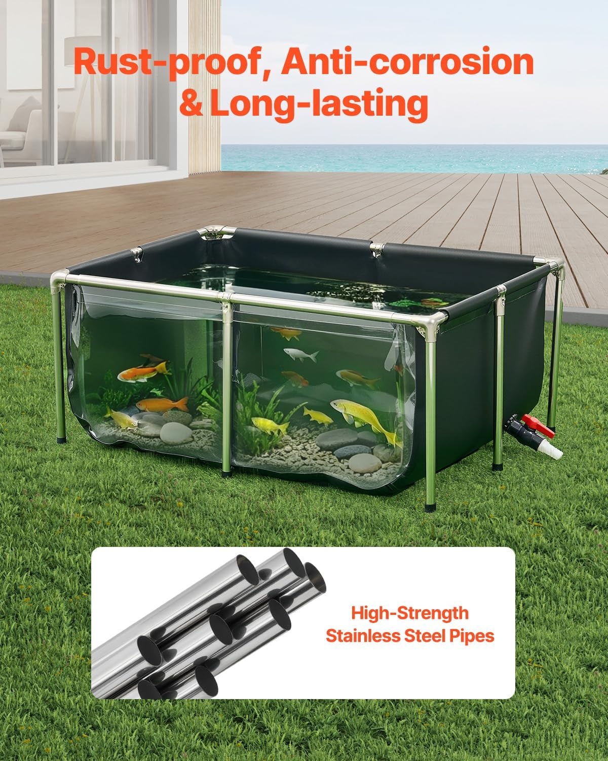 VEVOR Visvijver van zeildoek, 480 l vistank, pvc-koitank met transparant kijkvenster, goudvistank met roestvrijstalen frame en afvoerventiel, voor kweek van koi, goudvis (zwart)