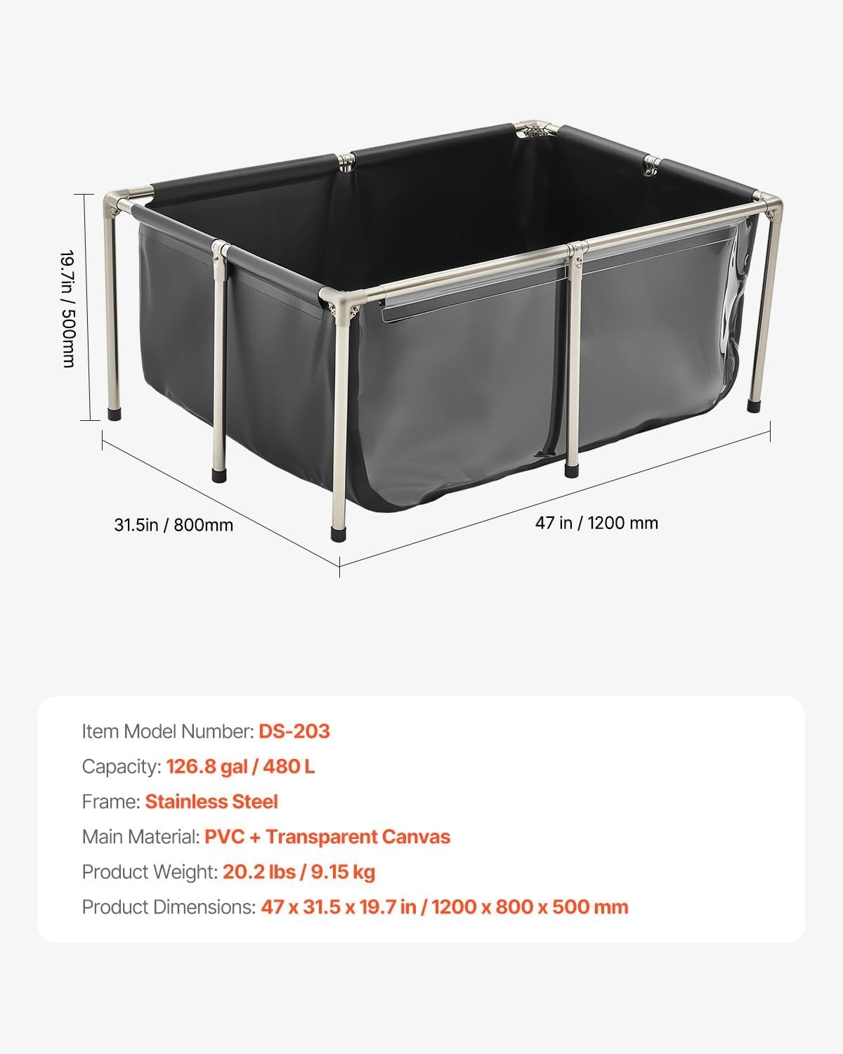 VEVOR Visvijver van zeildoek, 480 l vistank, pvc-koitank met transparant kijkvenster, goudvistank met roestvrijstalen frame en afvoerventiel, voor kweek van koi, goudvis (zwart)
