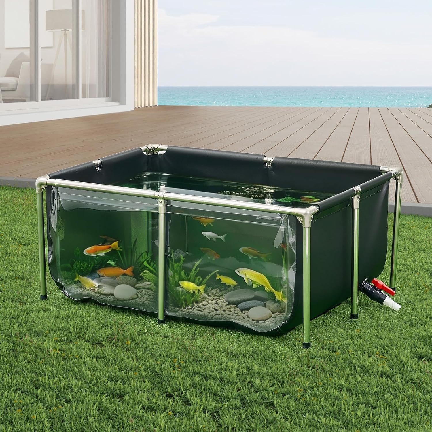 VEVOR Visvijver van zeildoek, 480 l vistank, pvc-koitank met transparant kijkvenster, goudvistank met roestvrijstalen frame en afvoerventiel, voor kweek van koi, goudvis (zwart)