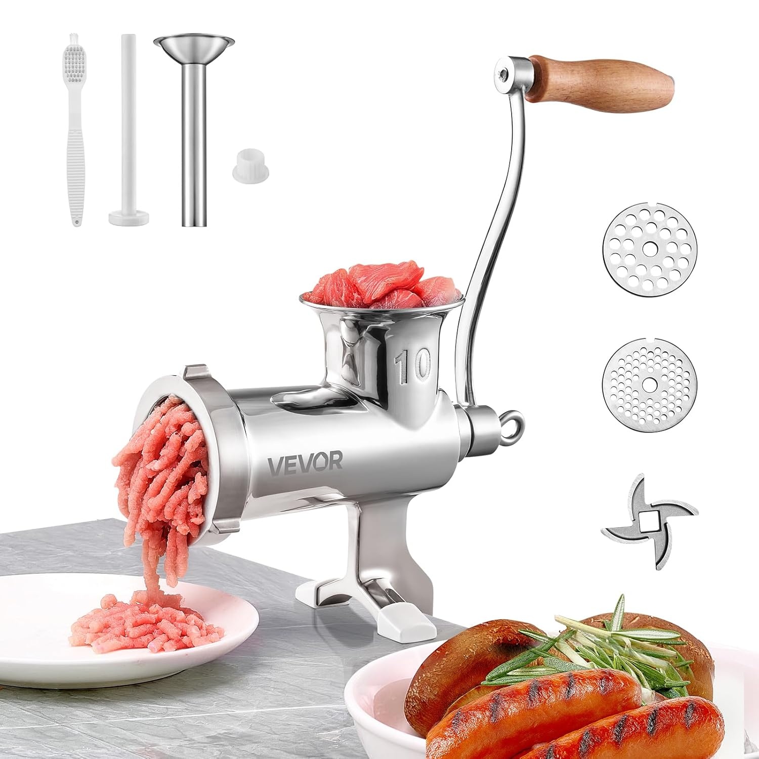 VEVOR Stainless Steel Manual Meat Grinder, Food, Manual Crutch Grinder, 2 Grinding Plates, 5 mm, 8 mm, Sausage Pusher with Tube, Attachment, Sealing Clamp, Cutting, Meat, Vegetables, Nuts,