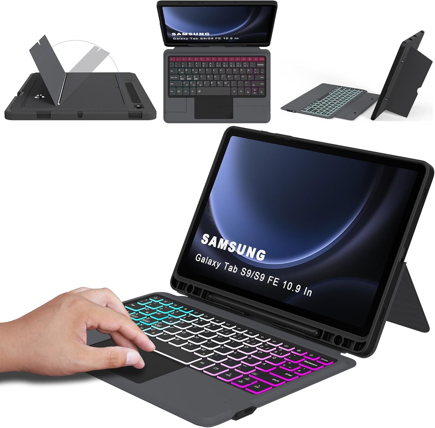 ROOFEI QWERTZ Toetsenbordhoes met Touchpad en Verlichting voor Samsung Galaxy Tab S10 Lite/S10 FE/S9 FE/S9