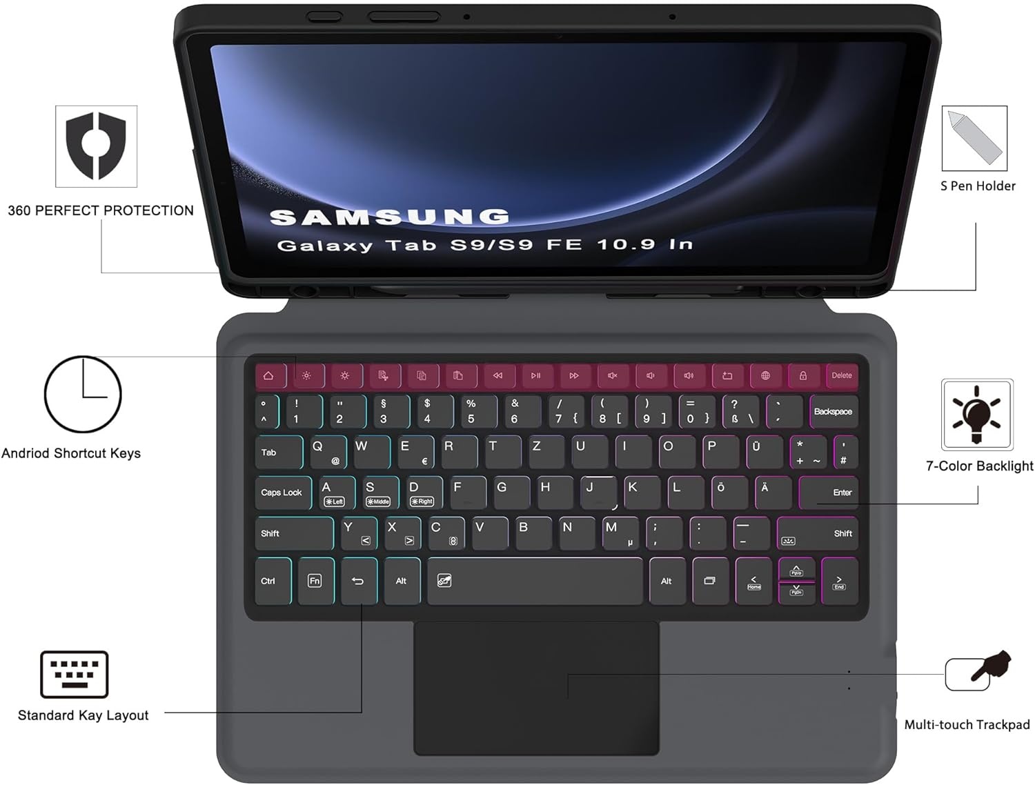 ROOFEI QWERTZ Toetsenbordhoes met Touchpad en Verlichting voor Samsung Galaxy Tab S10 Lite/S10 FE/S9 FE/S9