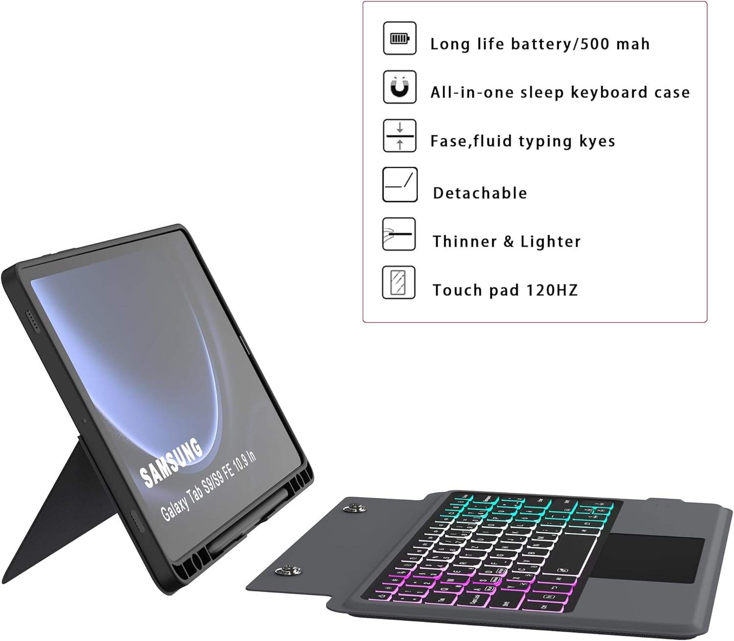 ROOFEI QWERTZ Toetsenbordhoes met Touchpad en Verlichting voor Samsung Galaxy Tab S10 Lite/S10 FE/S9 FE/S9