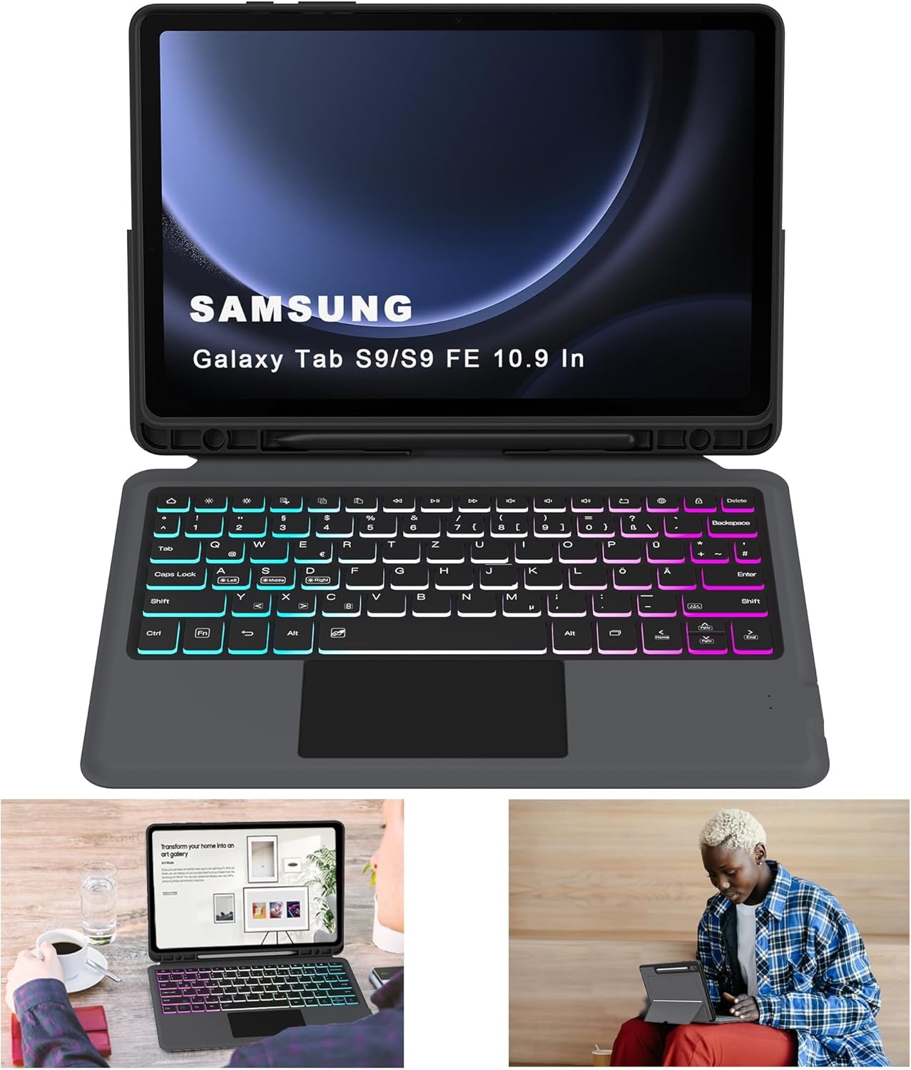 ROOFEI QWERTZ Toetsenbordhoes met Touchpad en Verlichting voor Samsung Galaxy Tab S10 Lite/S10 FE/S9 FE/S9