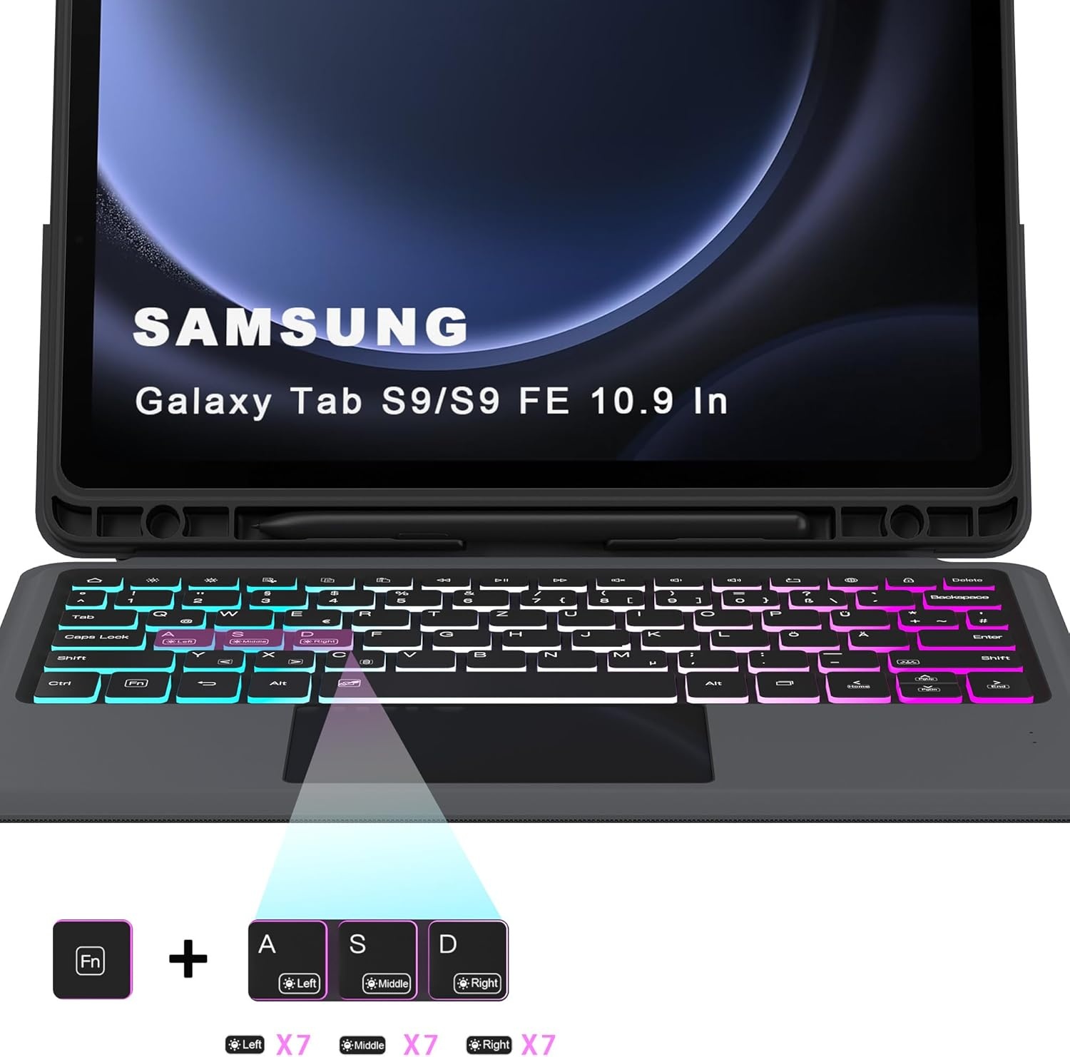 ROOFEI QWERTZ Toetsenbordhoes met Touchpad en Verlichting voor Samsung Galaxy Tab S10 Lite/S10 FE/S9 FE/S9